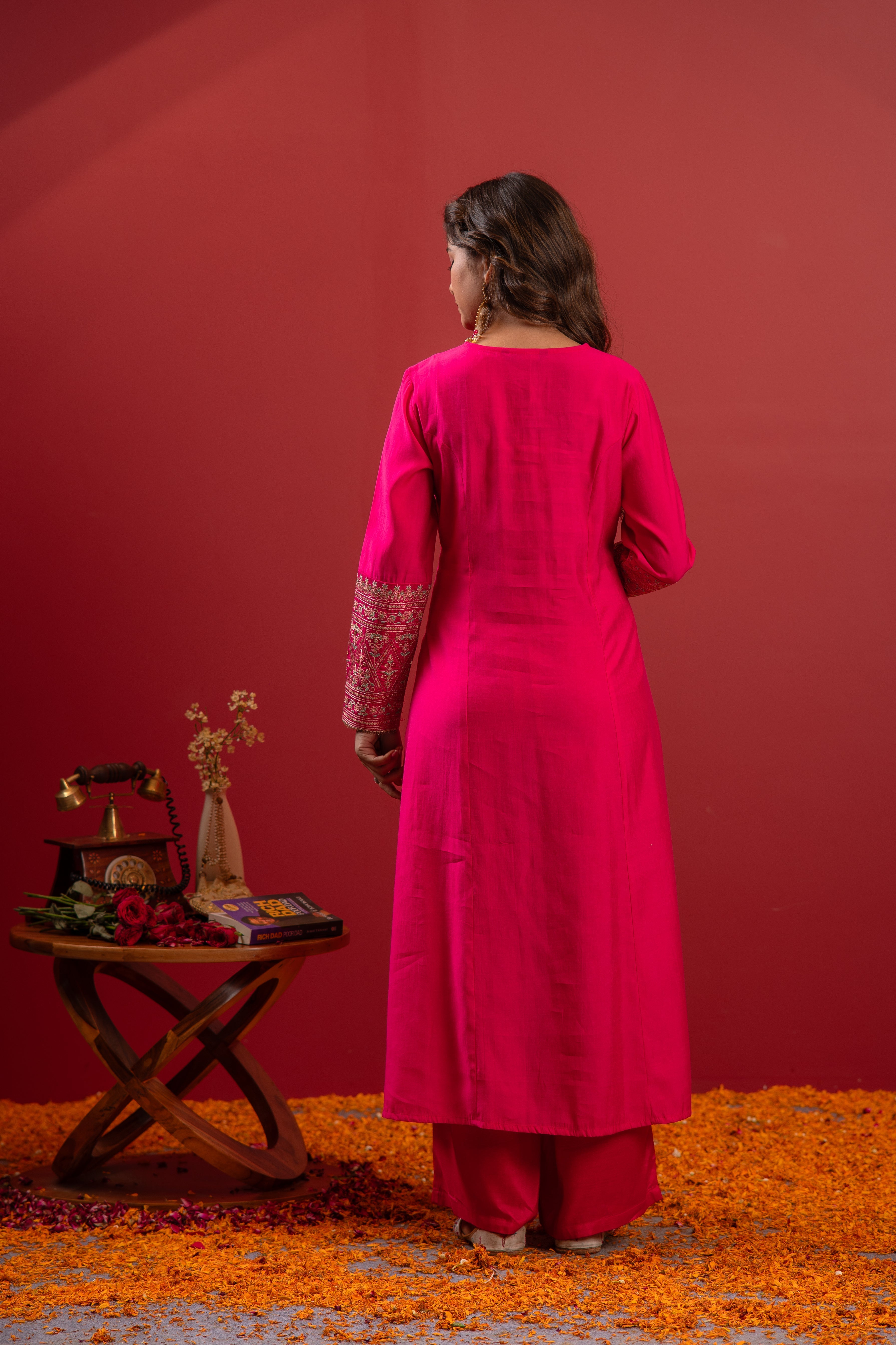 Fuchsia Viscose Solid A-Line Kurta With Pants & Dupatta Set With Zari,