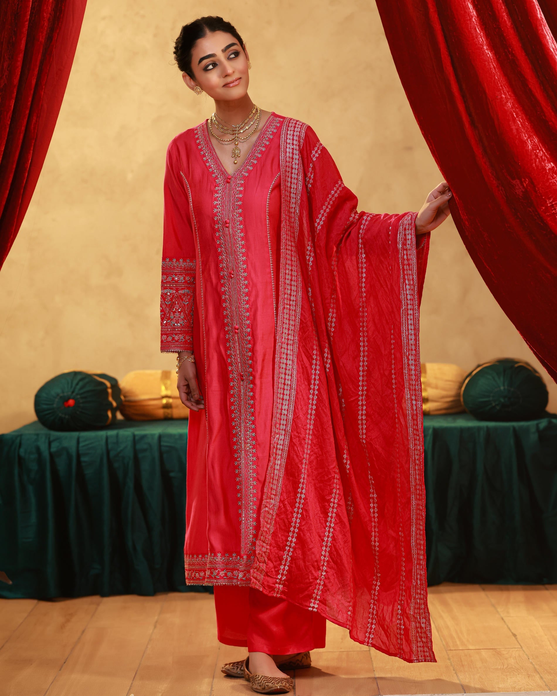 Fuchsia Viscose Solid A-Line Kurta With Pants & Dupatta Set With Zari,