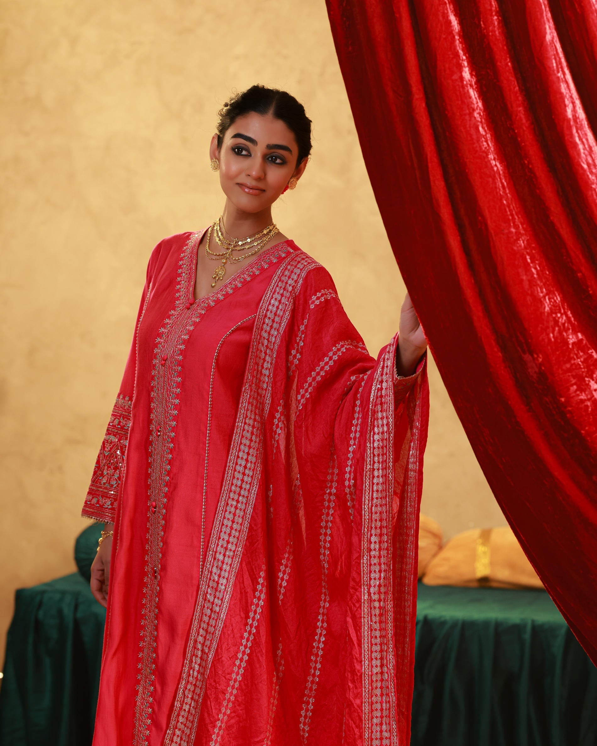 Fuchsia Viscose Solid A-Line Kurta With Pants & Dupatta Set With Zari,