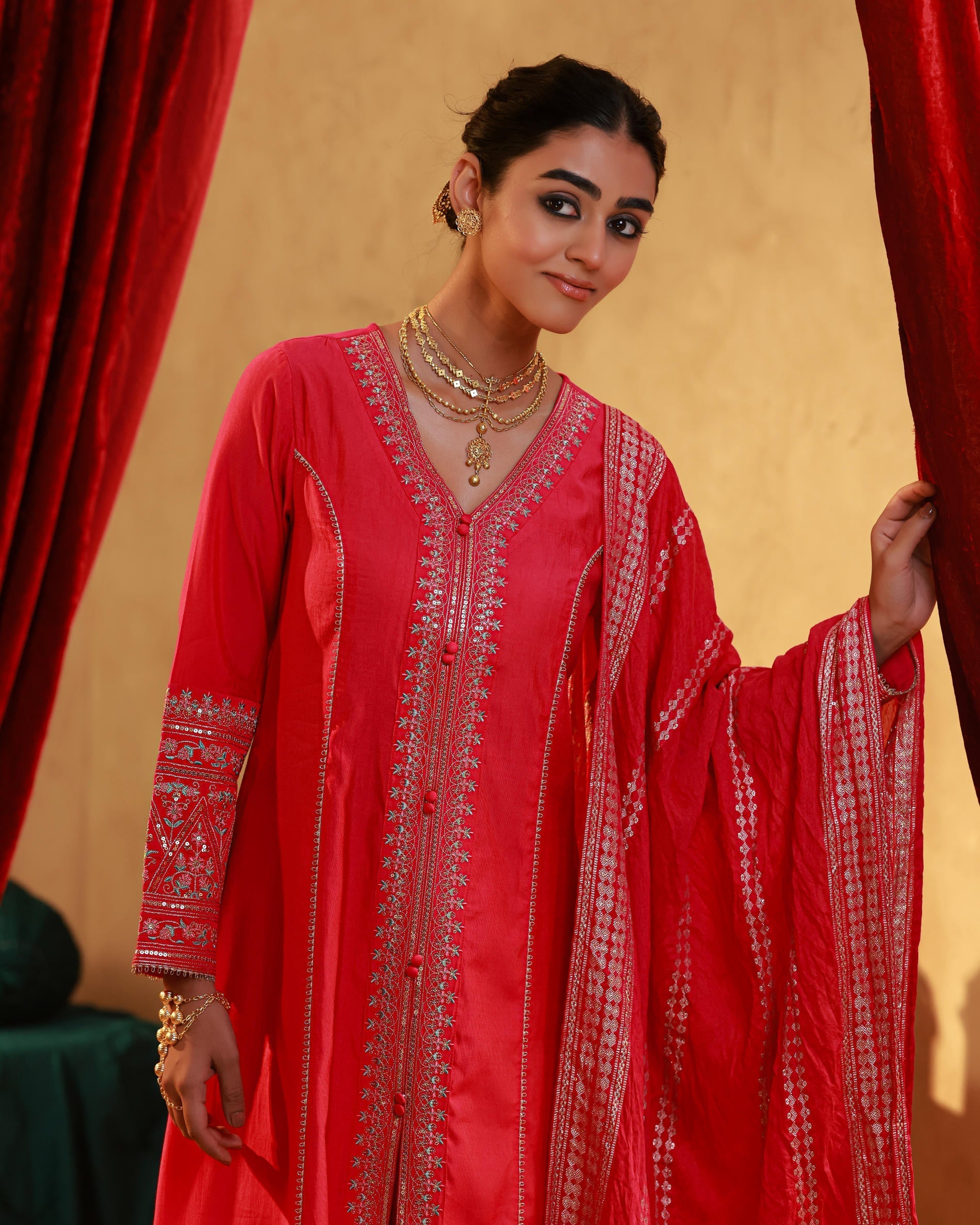 Fuchsia Viscose Solid A-Line Kurta With Pants & Dupatta Set With Zari,
