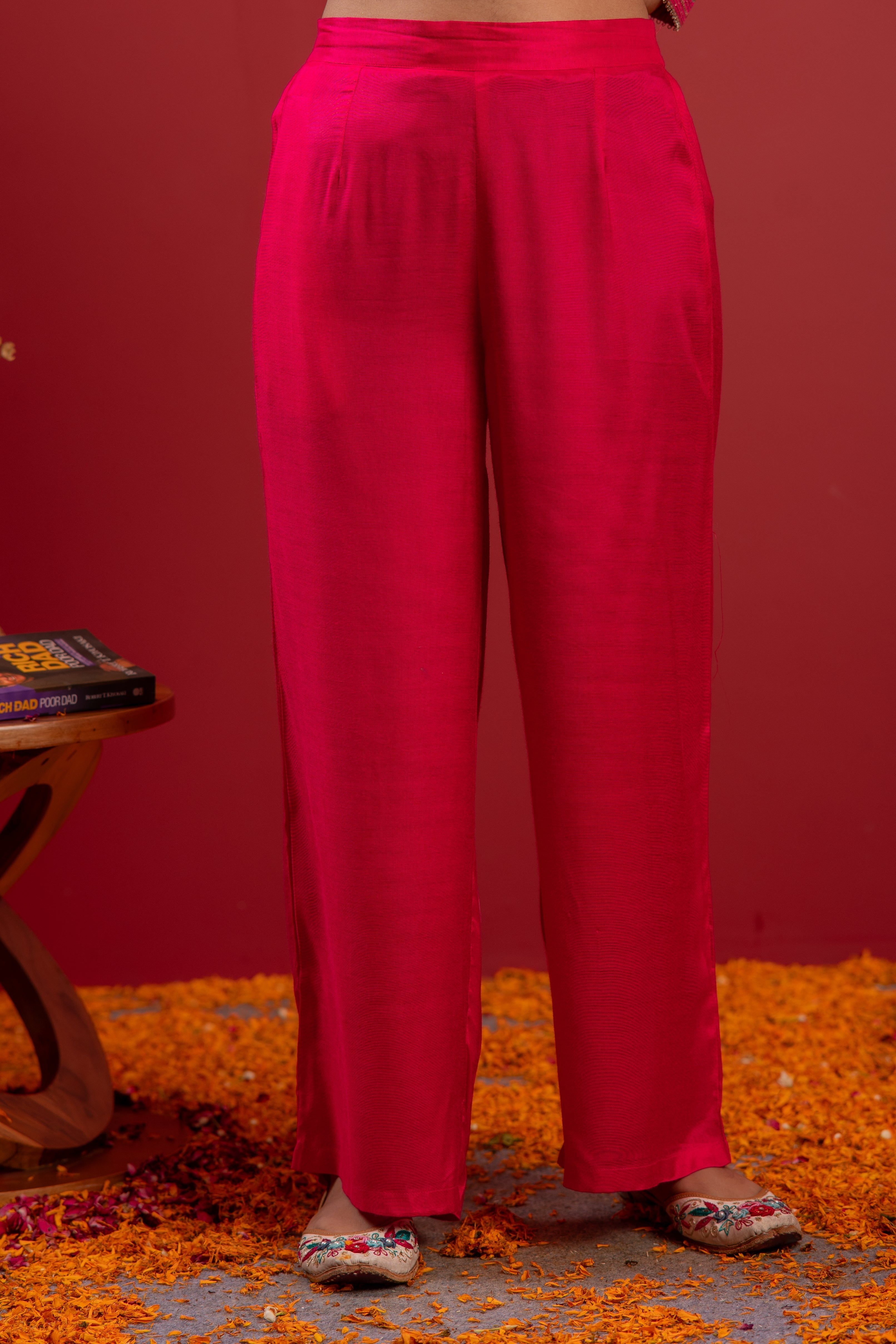 Fuchsia Viscose Solid A-Line Kurta With Pants & Dupatta Set With Zari,
