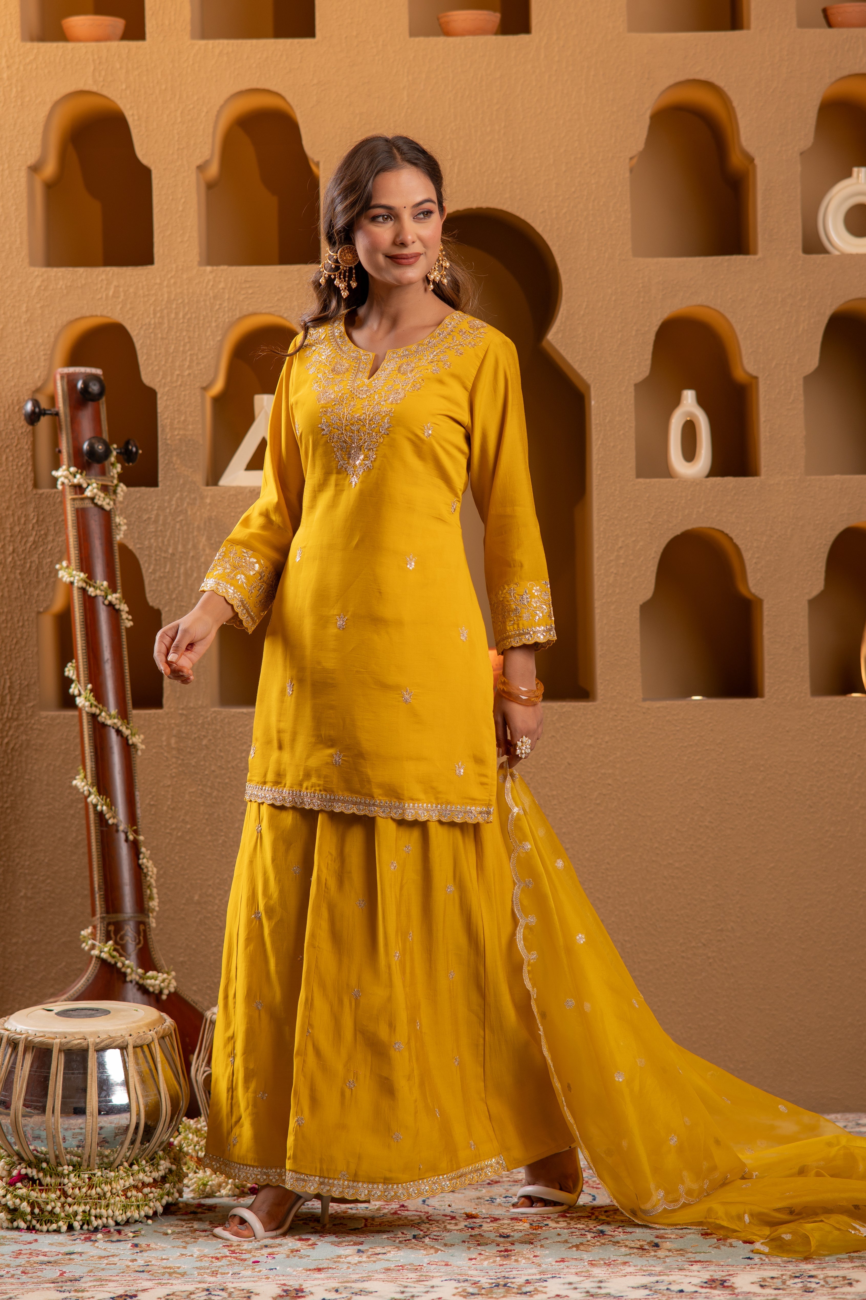 Mustard Viscose Flared Kurta with Palazzo & Dupatta Set with Mirror, T