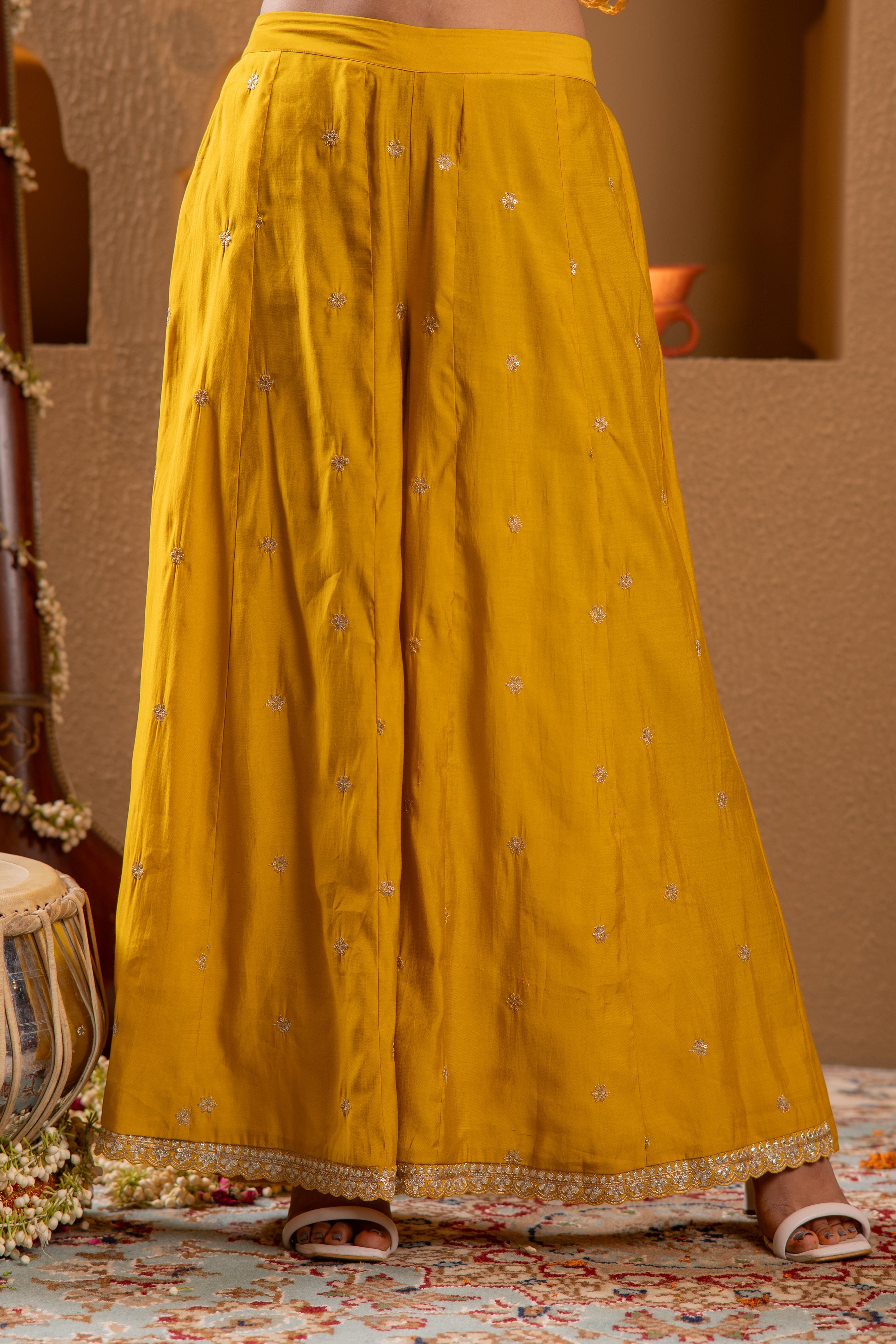 Mustard Viscose Flared Kurta with Palazzo & Dupatta Set with Mirror, T