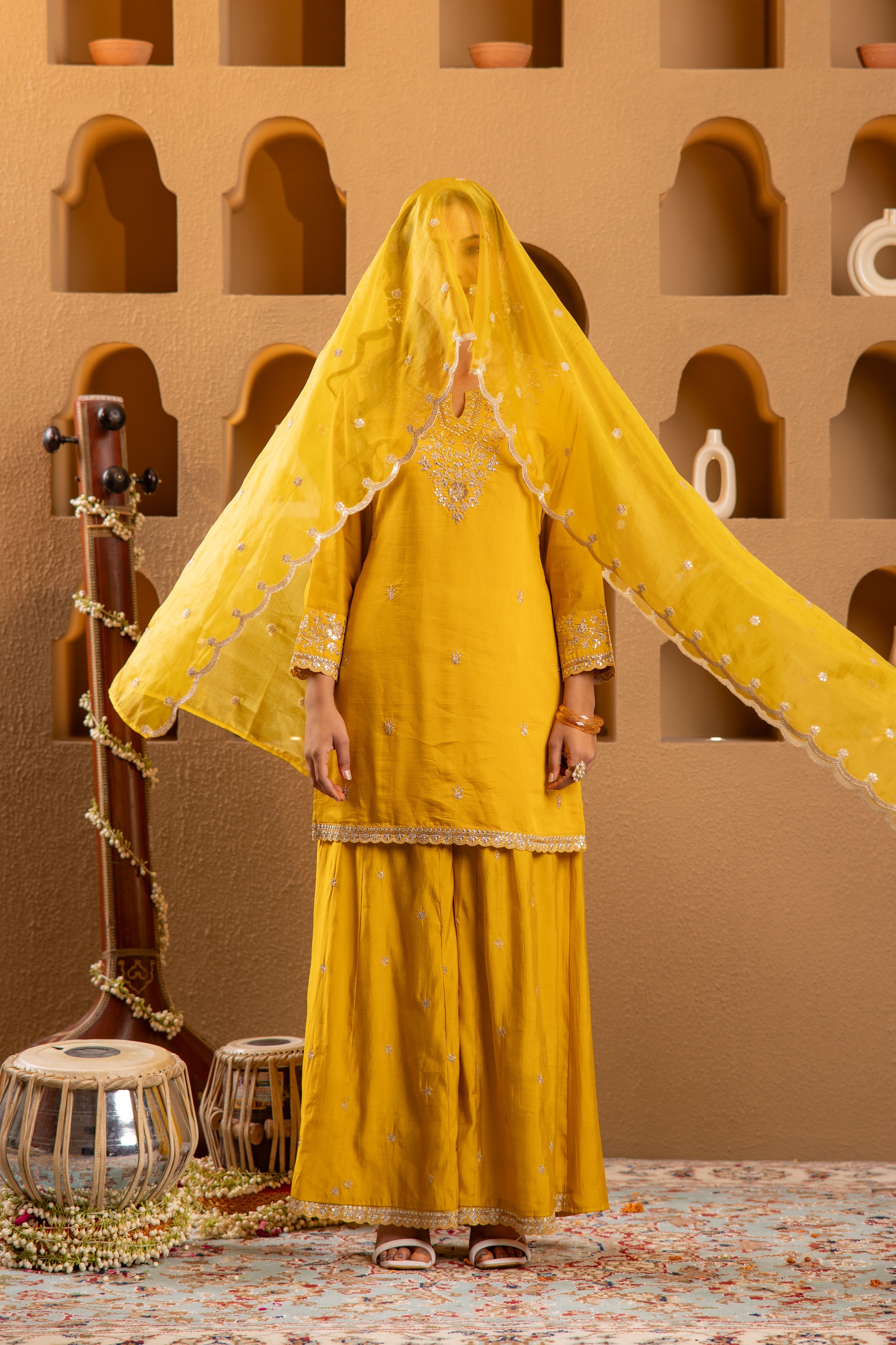 Mustard Viscose Flared Kurta with Palazzo & Dupatta Set with Mirror, T