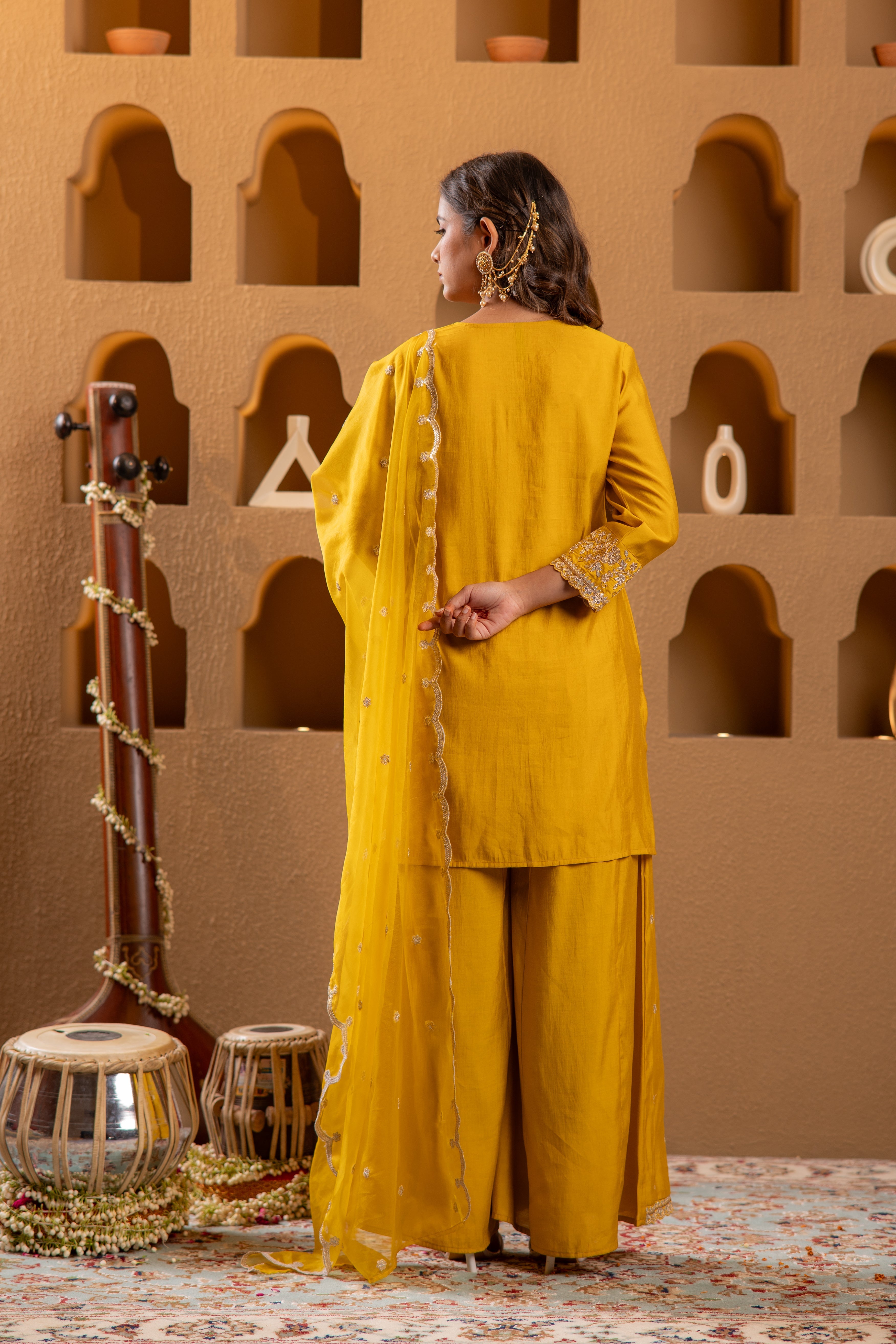 Mustard Viscose Flared Kurta with Palazzo & Dupatta Set with Mirror, T