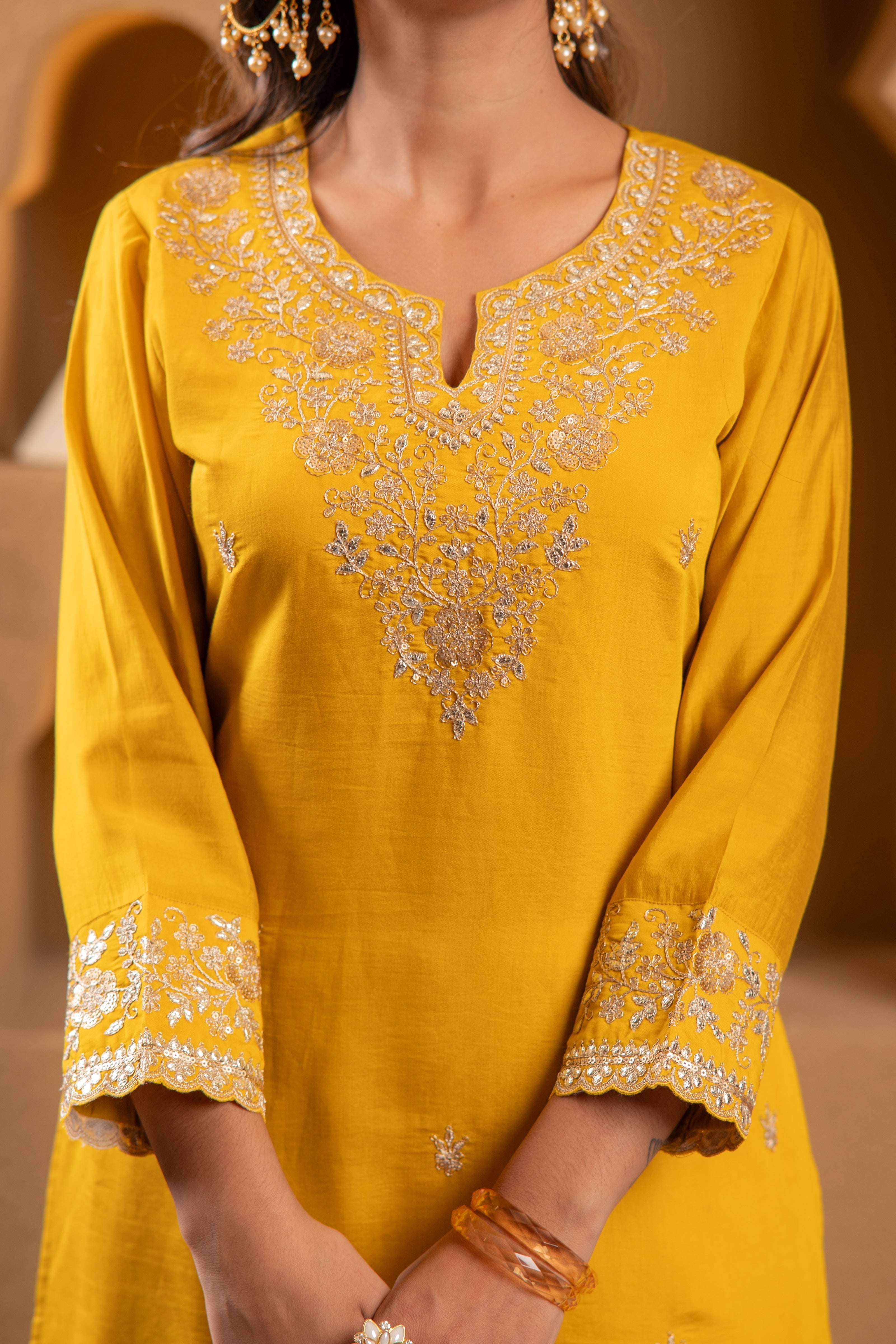 Mustard Viscose Flared Kurta with Palazzo & Dupatta Set with Mirror, T