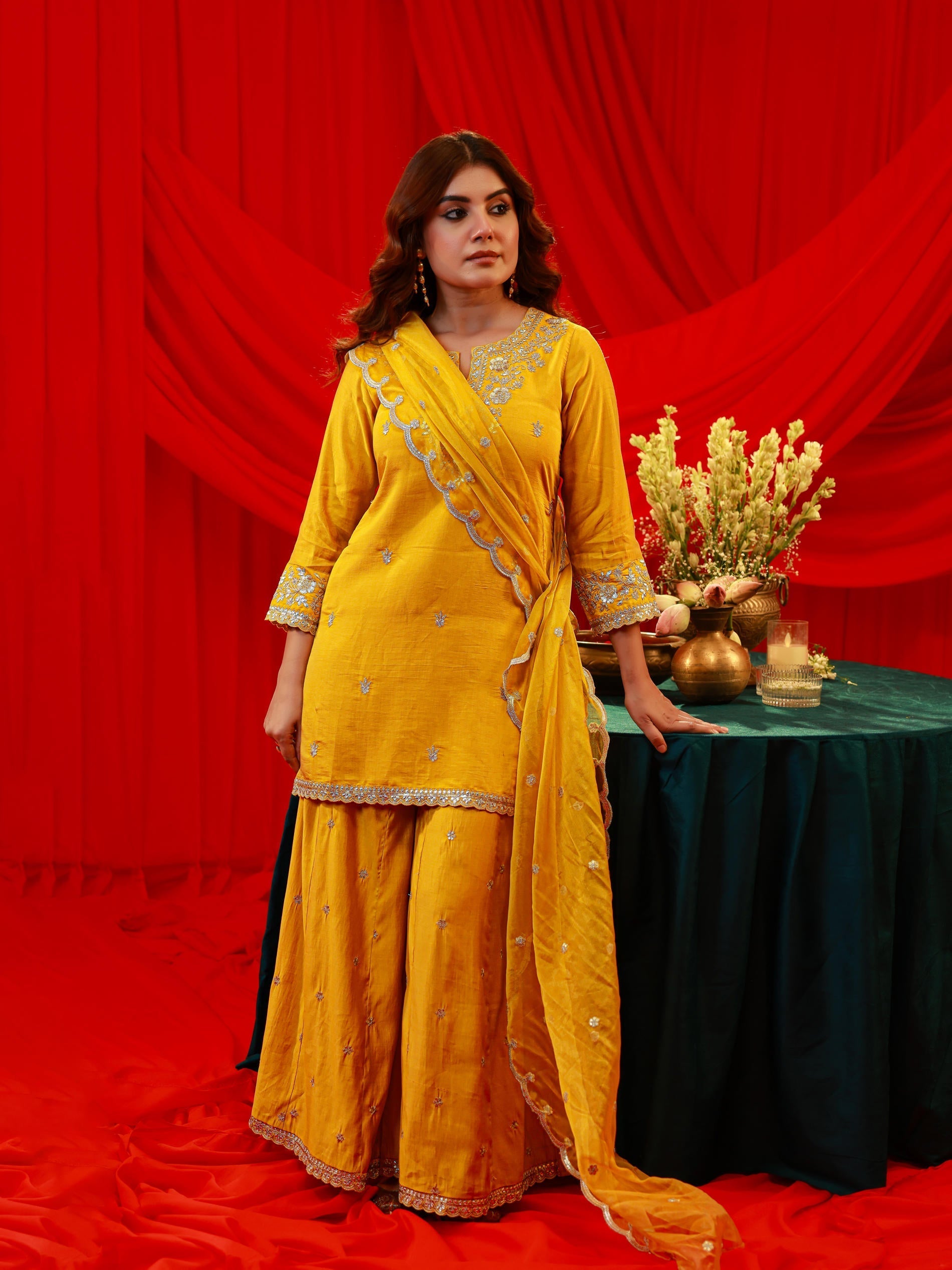 Mustard Viscose Flared Kurta with Palazzo & Dupatta Set with Mirror, T