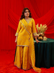 Mustard Viscose Flared Kurta with Palazzo & Dupatta Set with Mirror, Thread & Zari Work