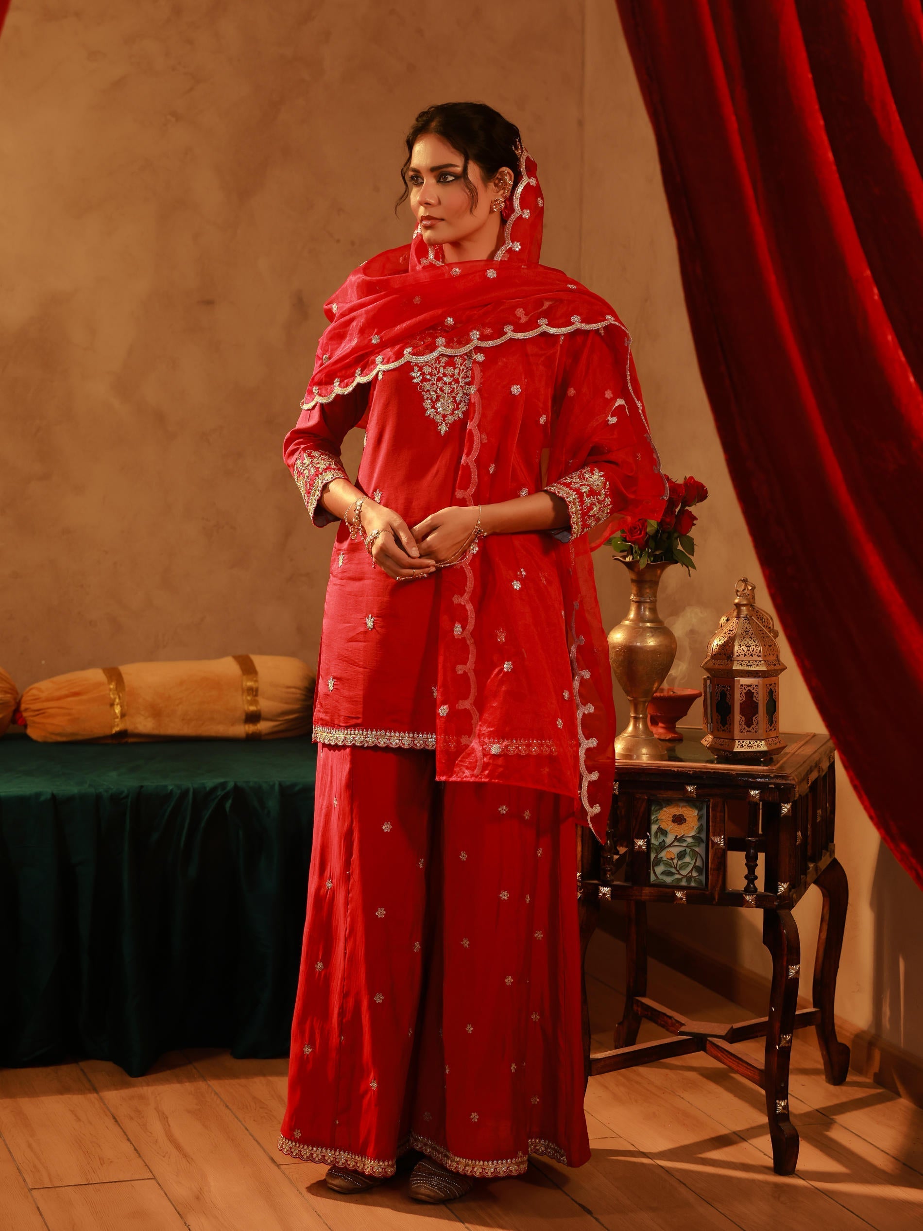 Red Viscose Flared Kurta with Palazzo & Dupatta Set with Mirror, Threa