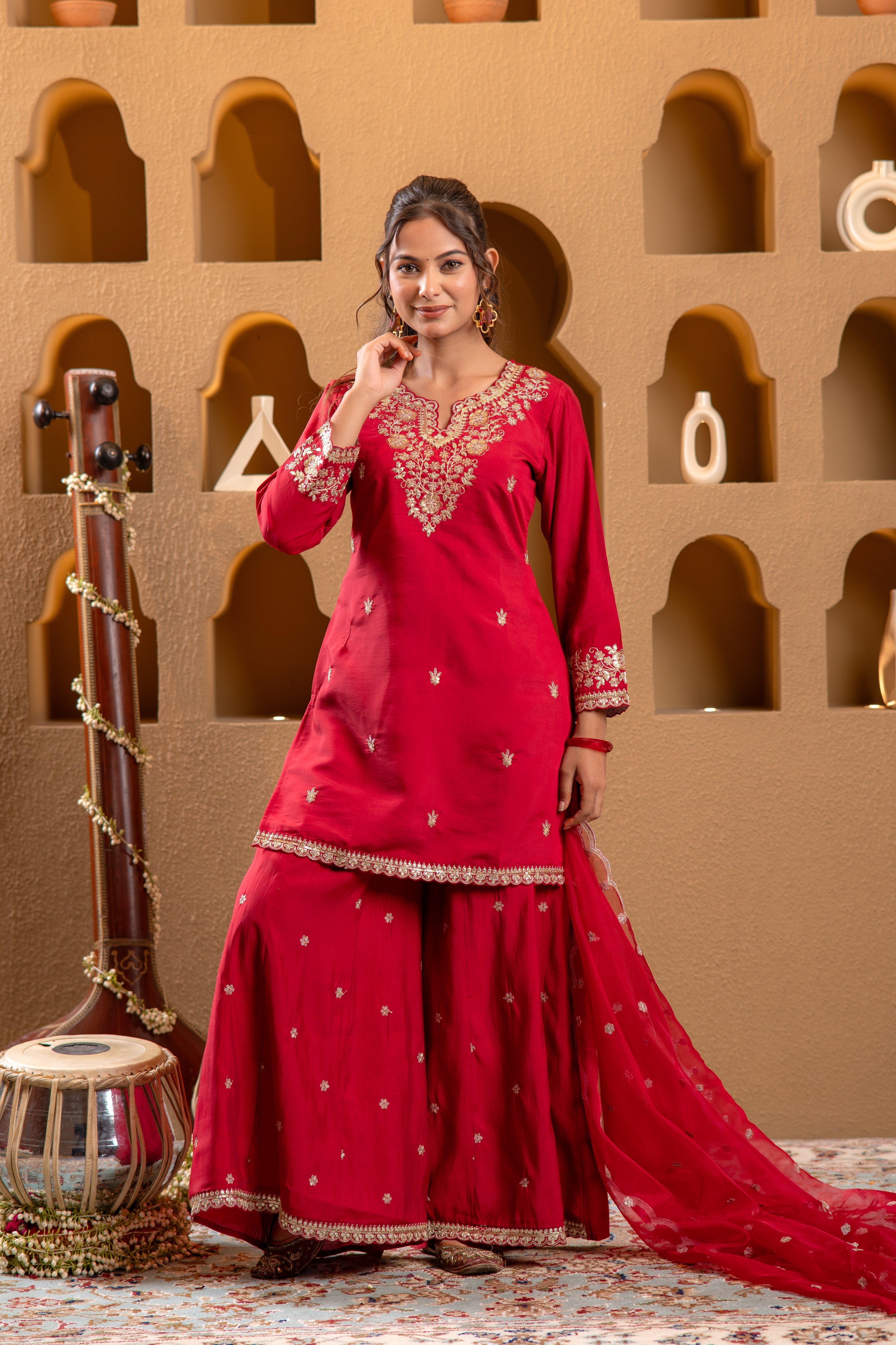 Red Viscose Flared Kurta with Palazzo & Dupatta Set with Mirror, Threa