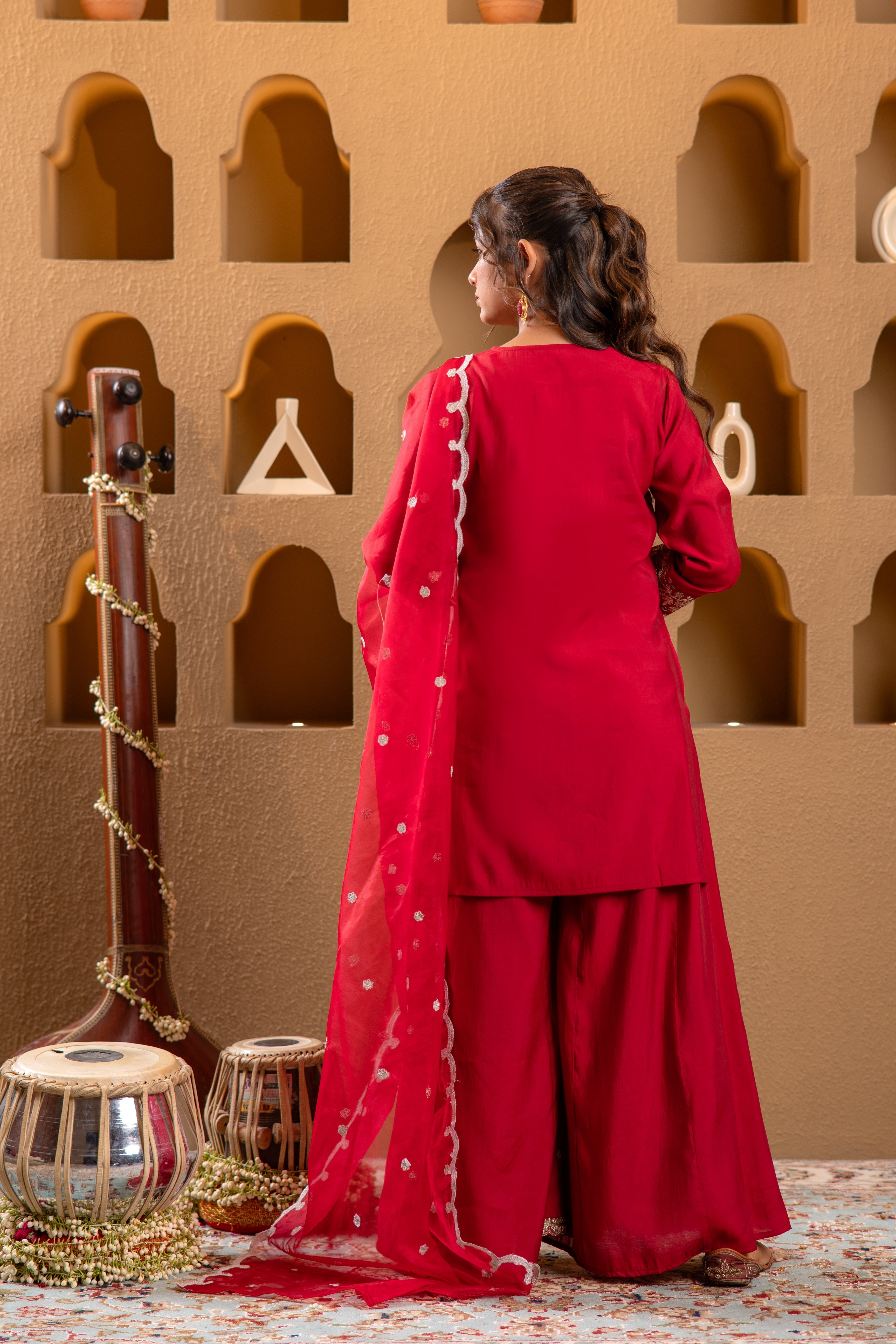 Red Viscose Flared Kurta with Palazzo & Dupatta Set with Mirror, Threa