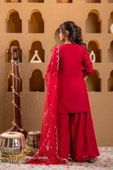 Red Viscose Flared Kurta with Palazzo & Dupatta Set with Mirror, Thread & Zari Work