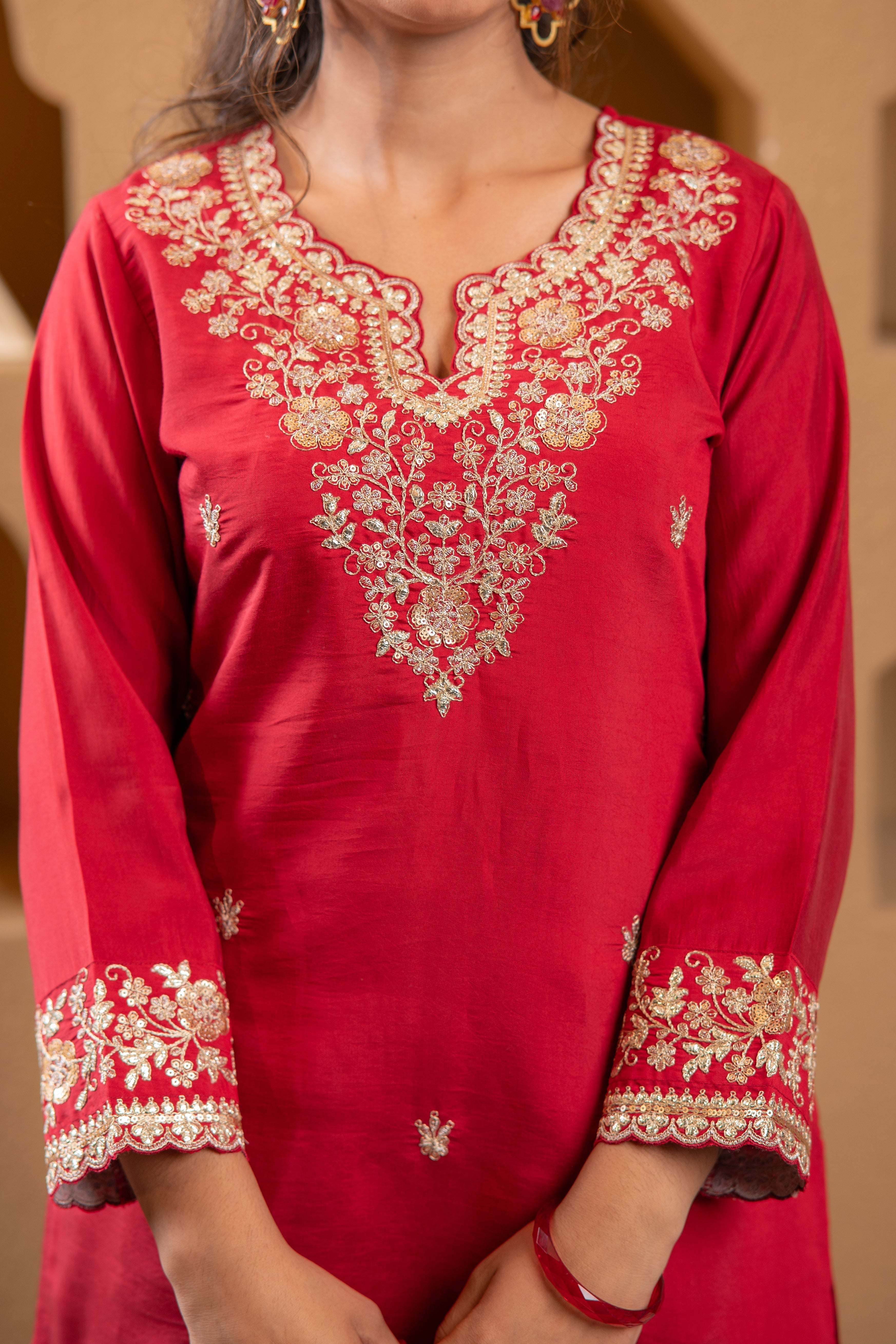 Red Viscose Flared Kurta with Palazzo & Dupatta Set with Mirror, Threa