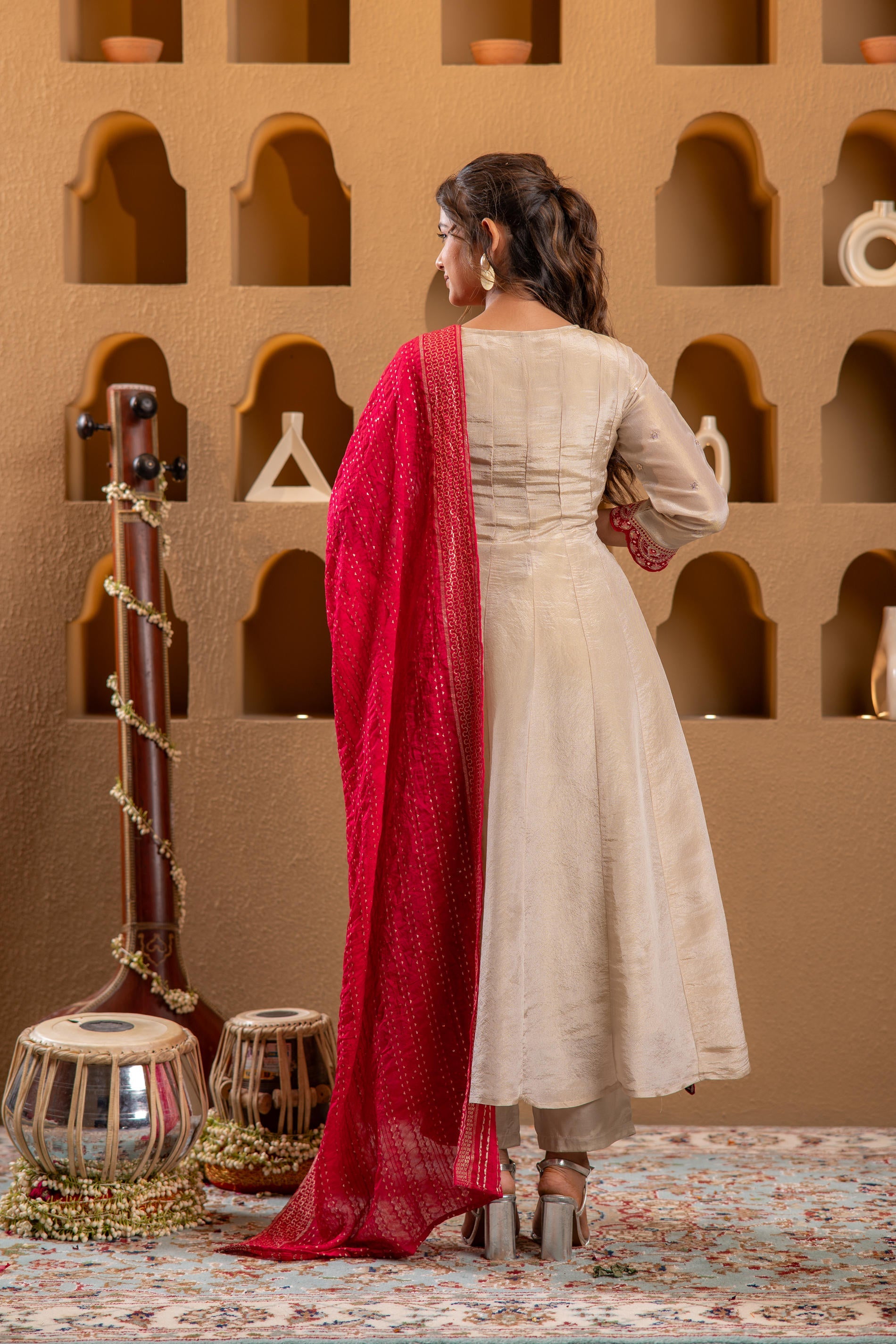 Ivory Anarkali Kurta Set with Pink Thread Embroidery &  Dupatta