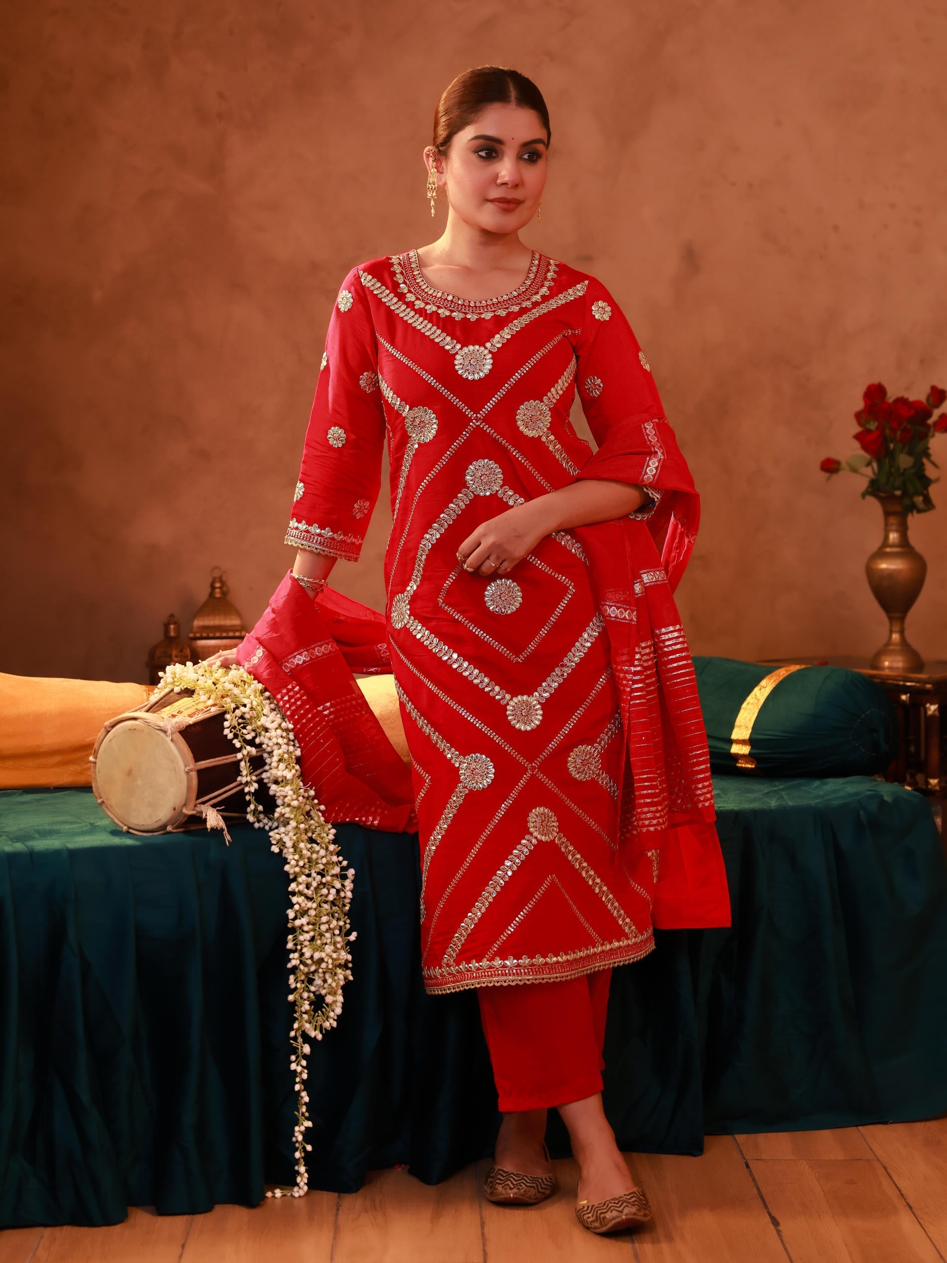 Magenta Viscose Straight Kurta Pant And Dupatta Set with Gota Patti & 