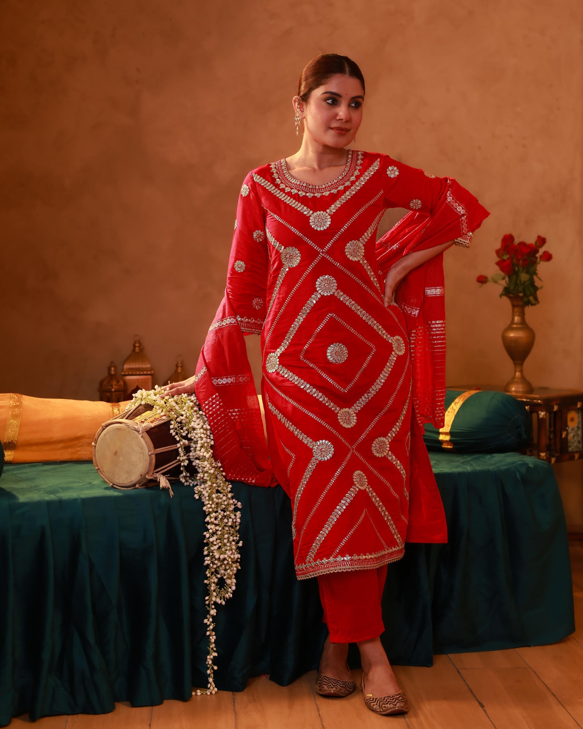 Magenta Viscose Straight Kurta Pant And Dupatta Set with Gota Patti & 