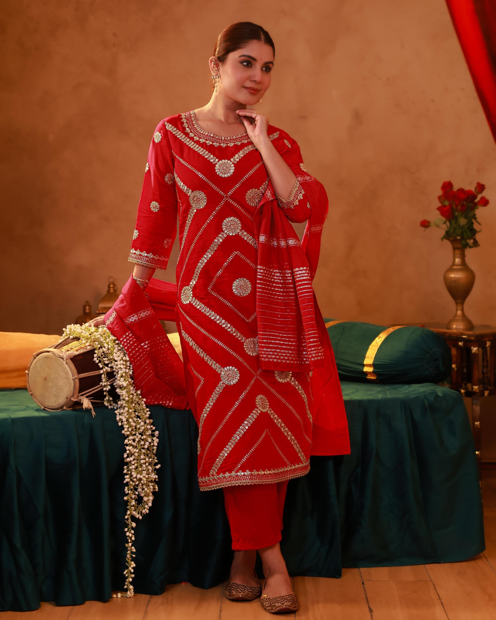 Magenta Viscose Straight Kurta Pant And Dupatta Set with Gota Patti & 