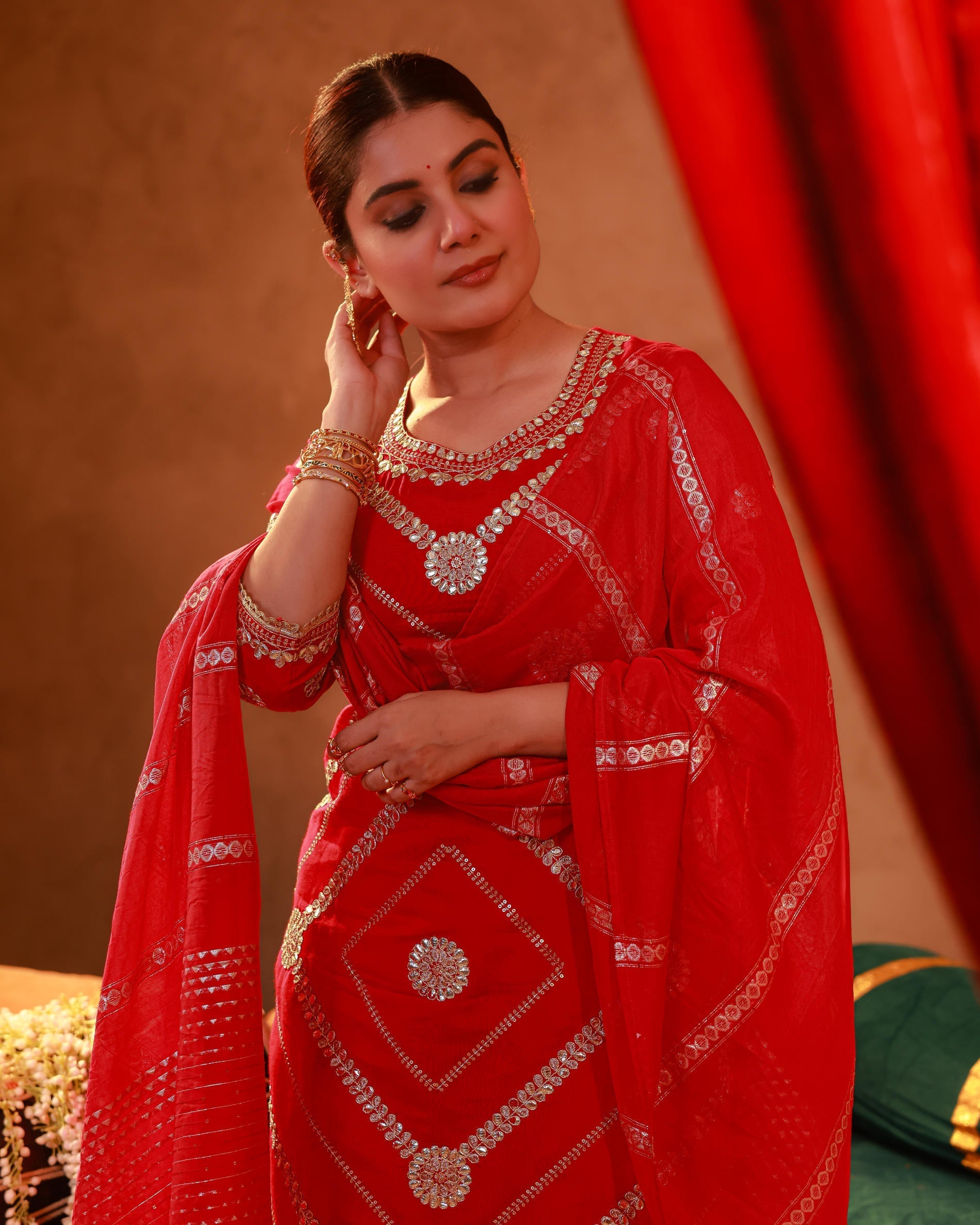 Magenta Viscose Straight Kurta Pant And Dupatta Set with Gota Patti & 