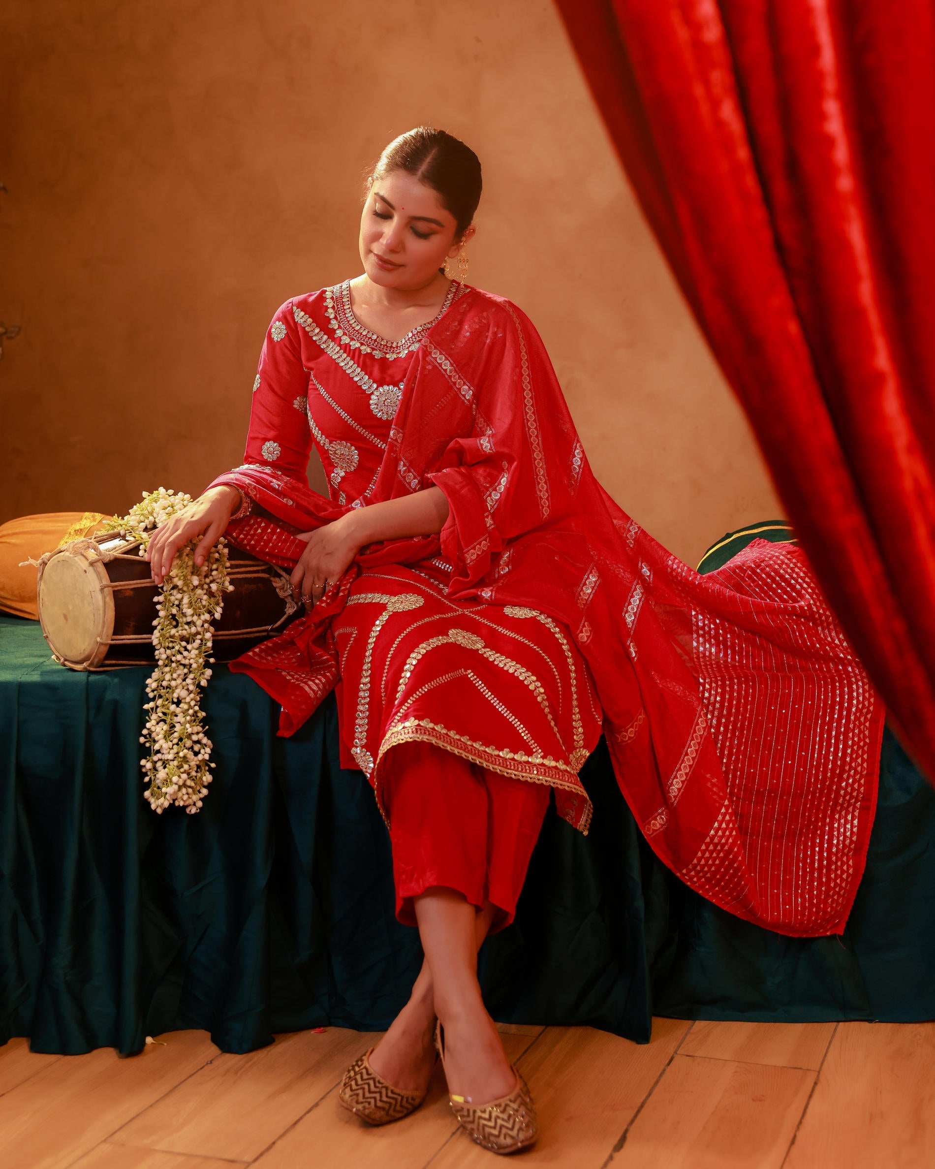 Magenta Viscose Straight Kurta Pant And Dupatta Set with Gota Patti & 