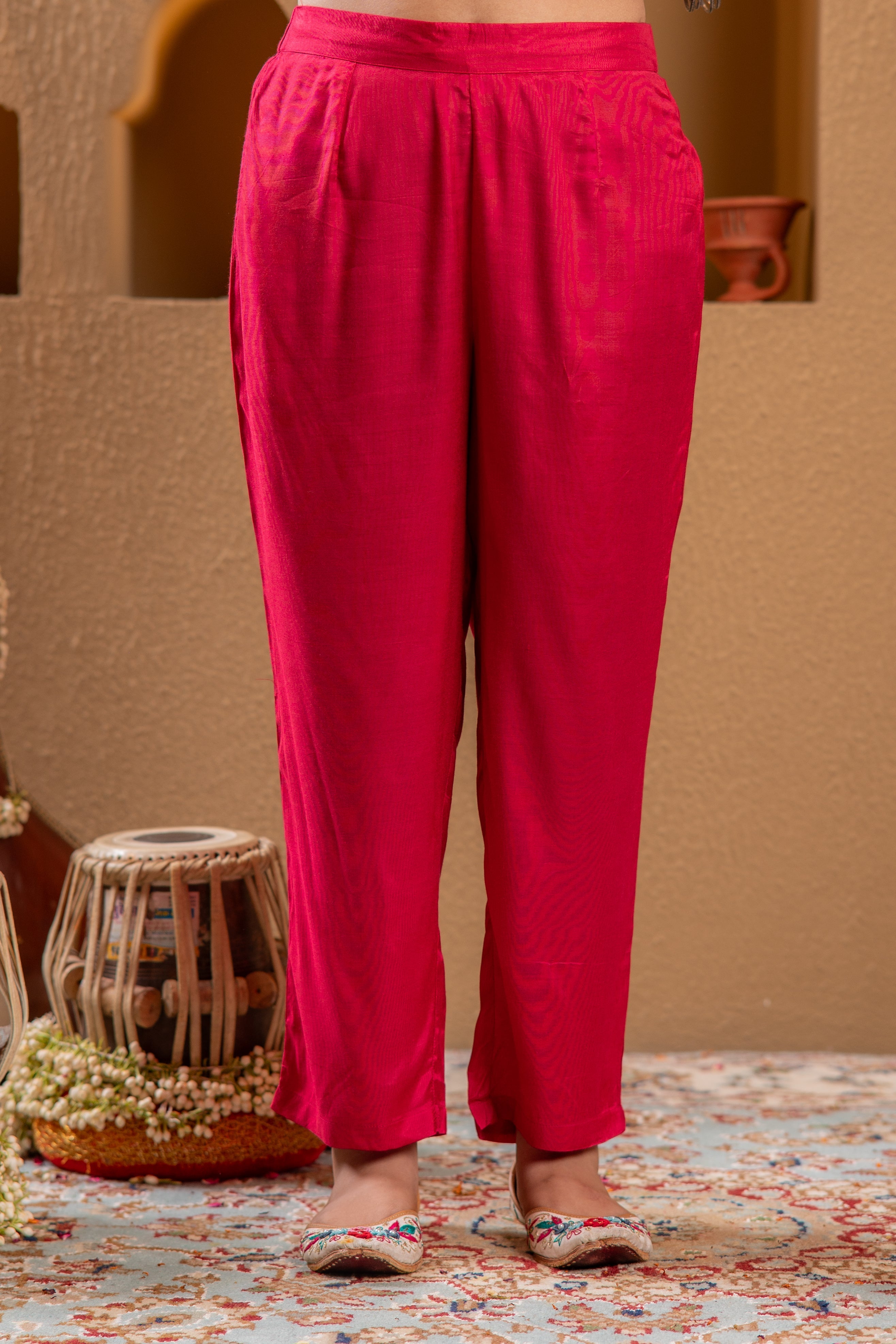 Magenta Viscose Straight Kurta Pant And Dupatta Set with Gota Patti & 