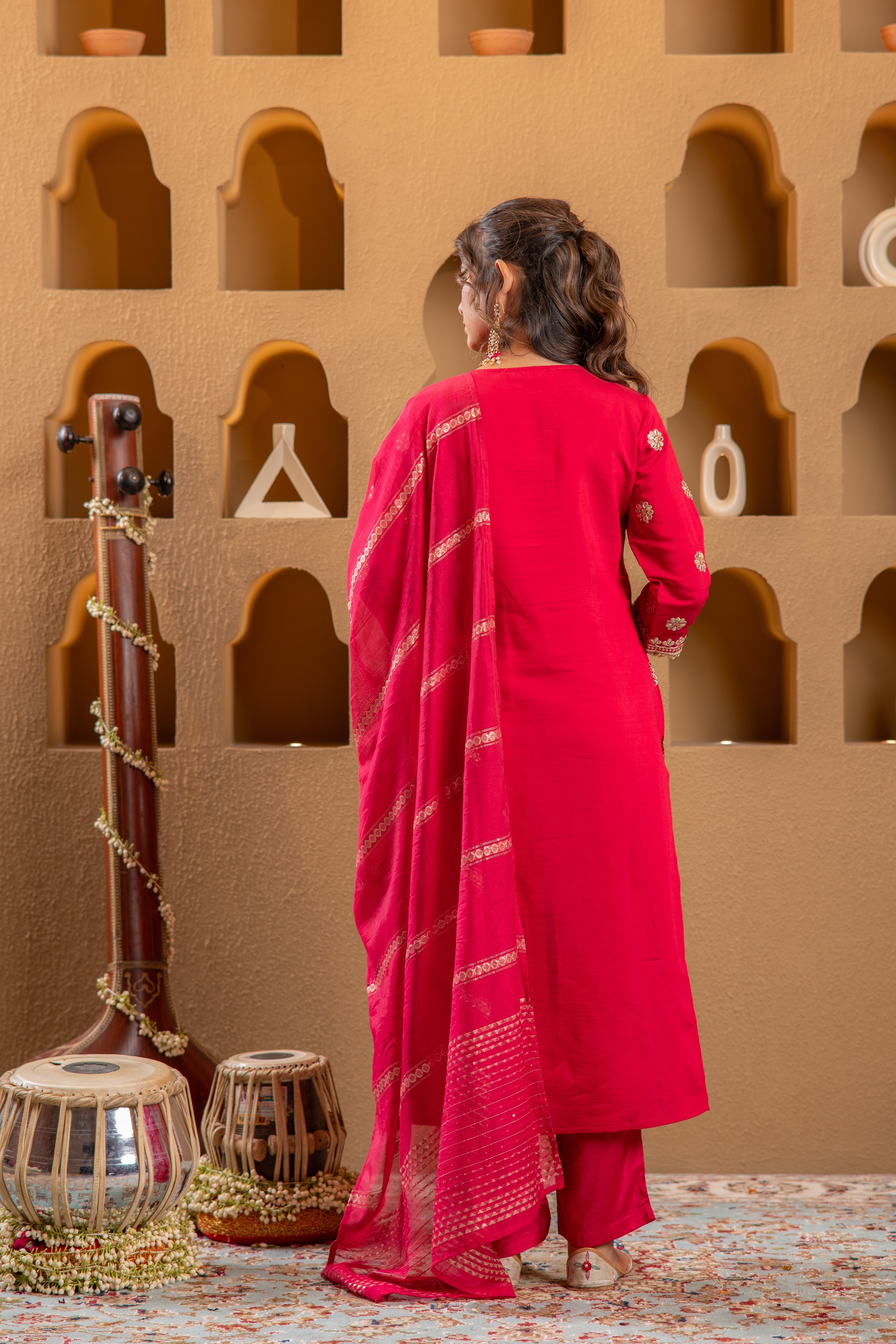 Magenta Viscose Straight Kurta Pant And Dupatta Set with Gota Patti & 