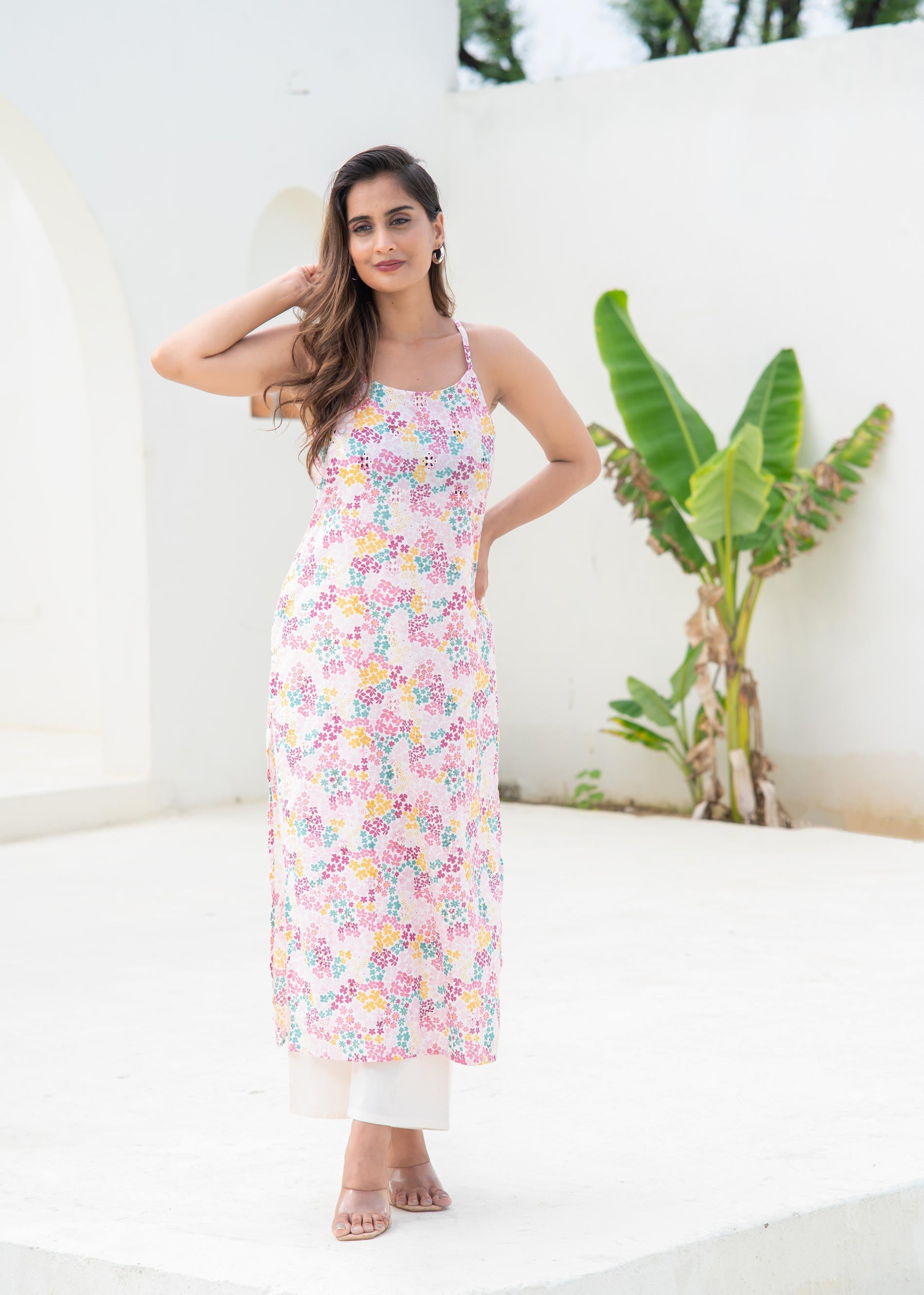 Pink Floral Printed Sleeveless Cotton Kurta | DesiQlo