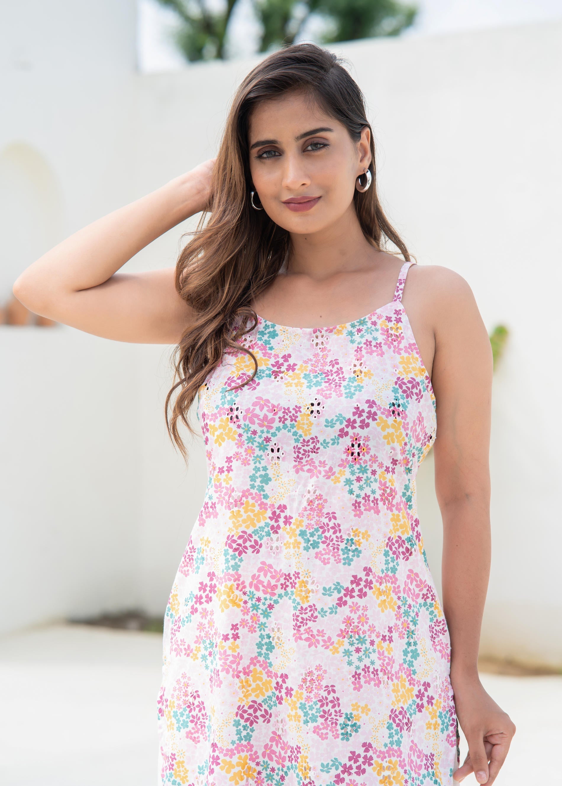 Pink Floral Printed Sleeveless Cotton Kurta | DesiQlo