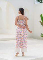 Pink Floral Printed Sleeveless Cotton Kurta