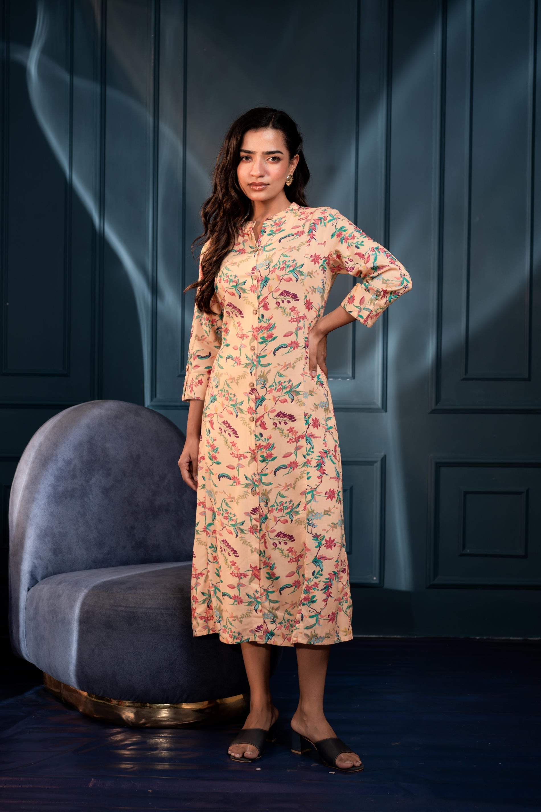 Peach Floral Printed Button-Down Viscose A-Line Kurta | DesiQlo