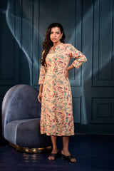 Peach Floral Printed Button-Down Viscose A-Line Kurta