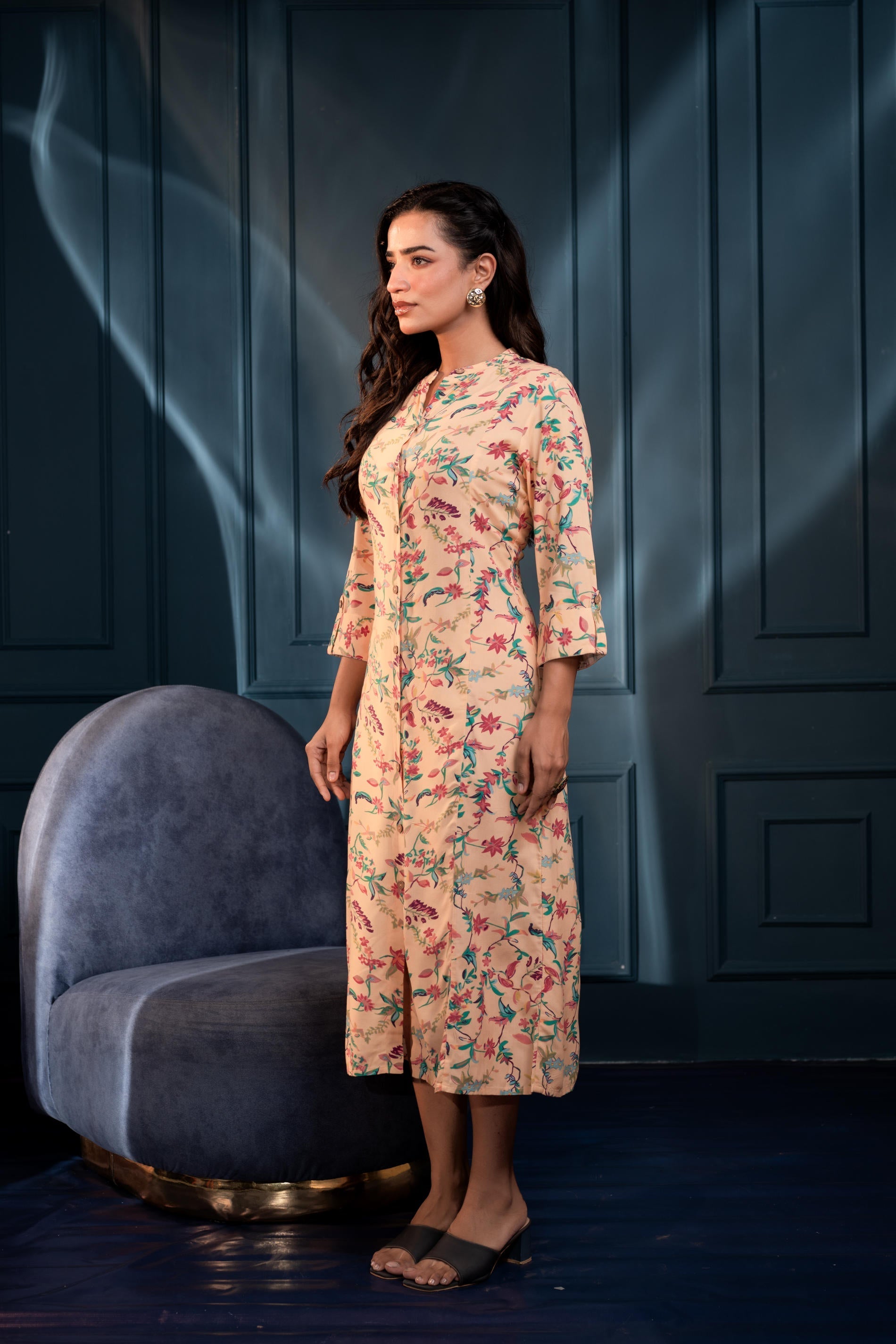 Peach Floral Printed Button-Down Viscose A-Line Kurta | DesiQlo