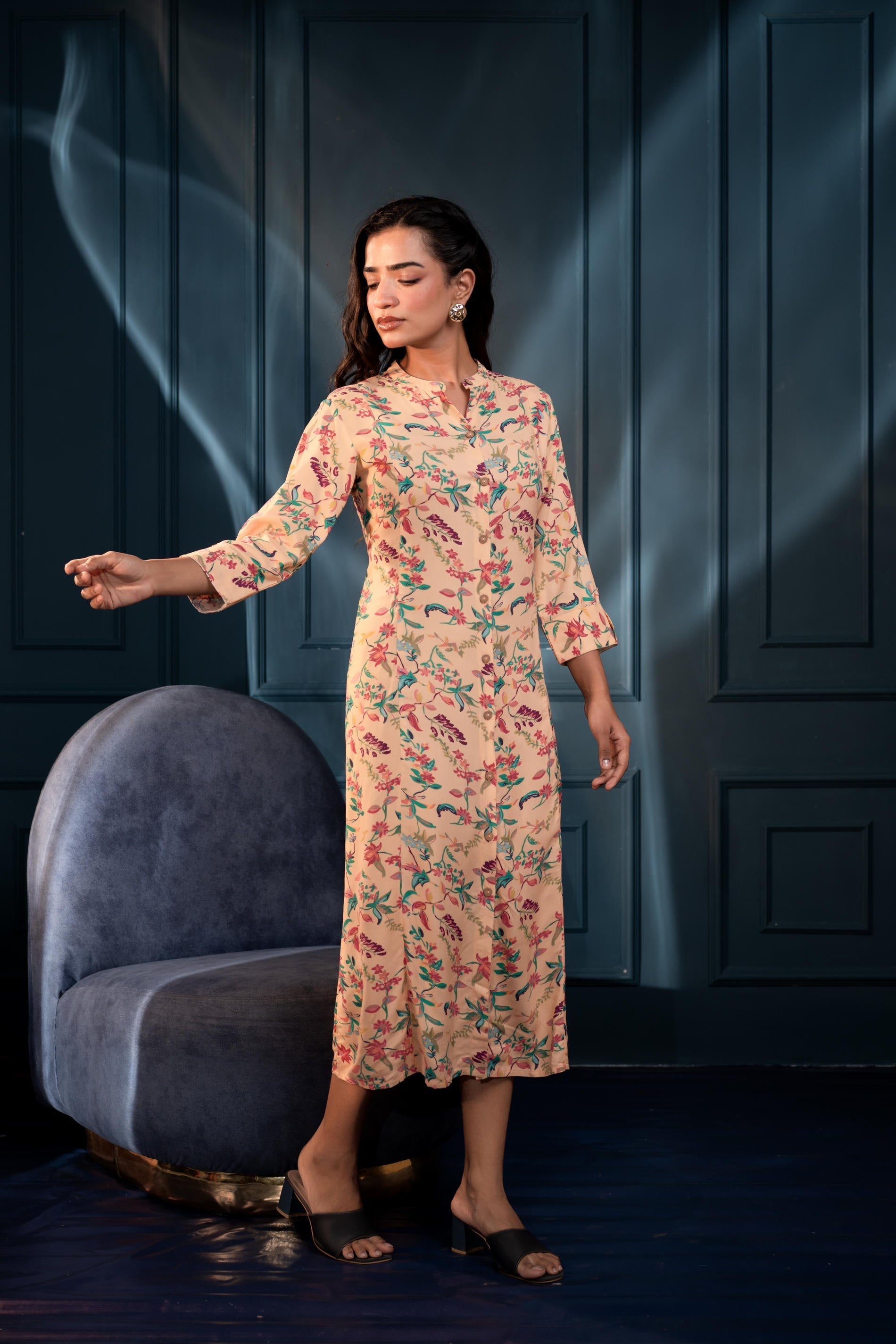 Peach Floral Printed Button-Down Viscose A-Line Kurta | DesiQlo