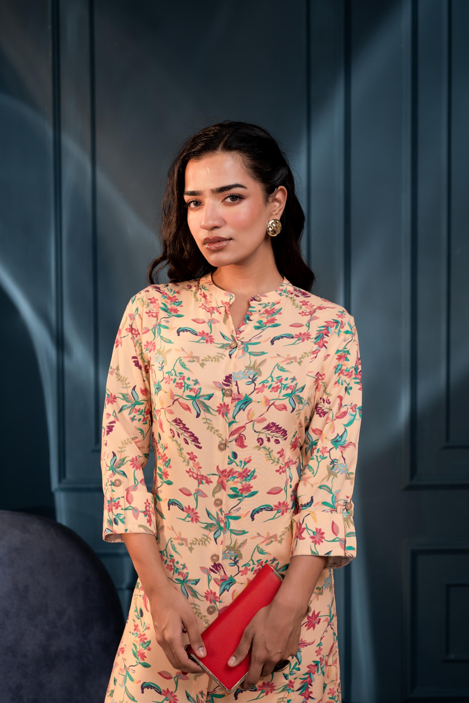 Peach Floral Printed Button-Down Viscose A-Line Kurta | DesiQlo