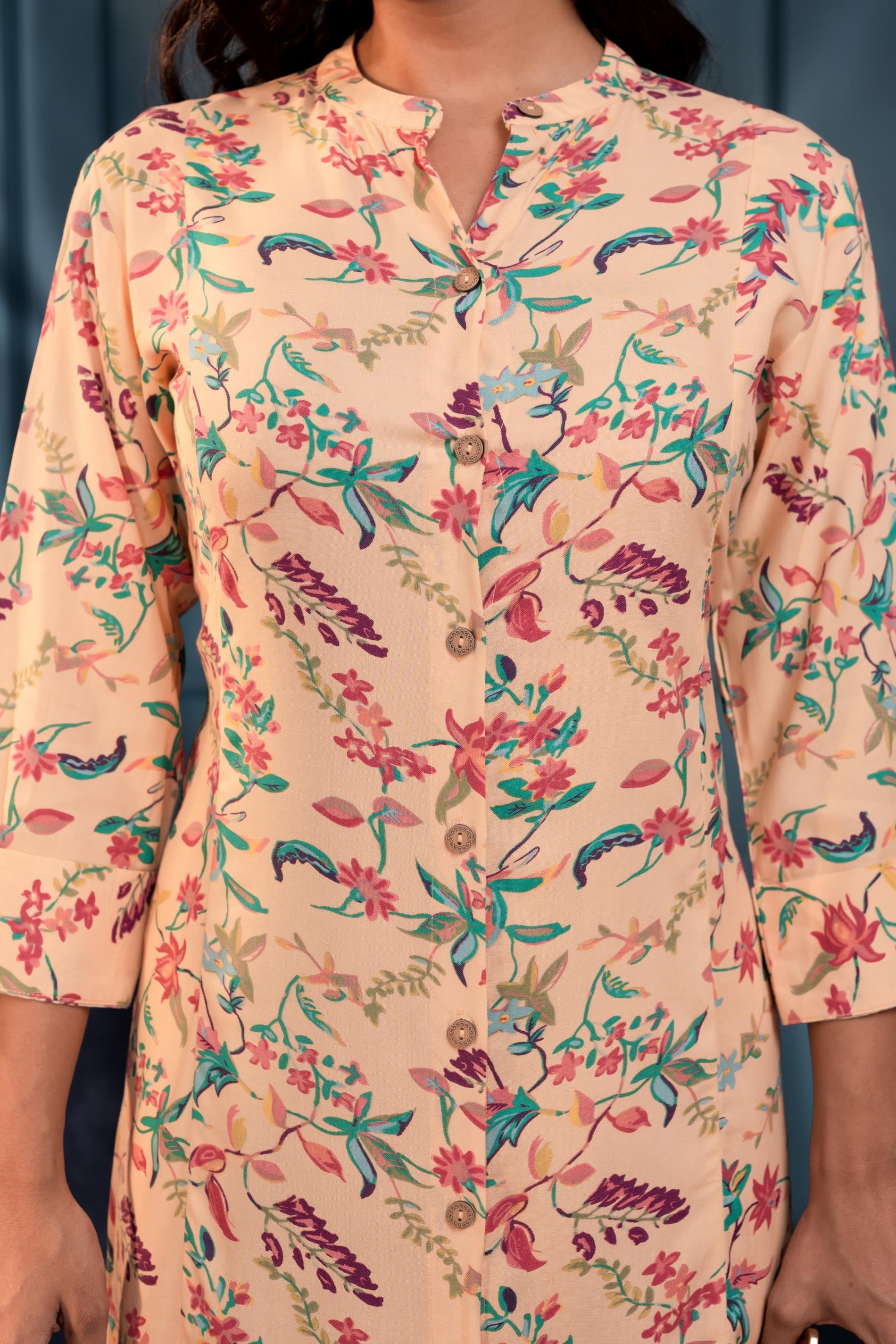Peach Floral Printed Button-Down Viscose A-Line Kurta | DesiQlo