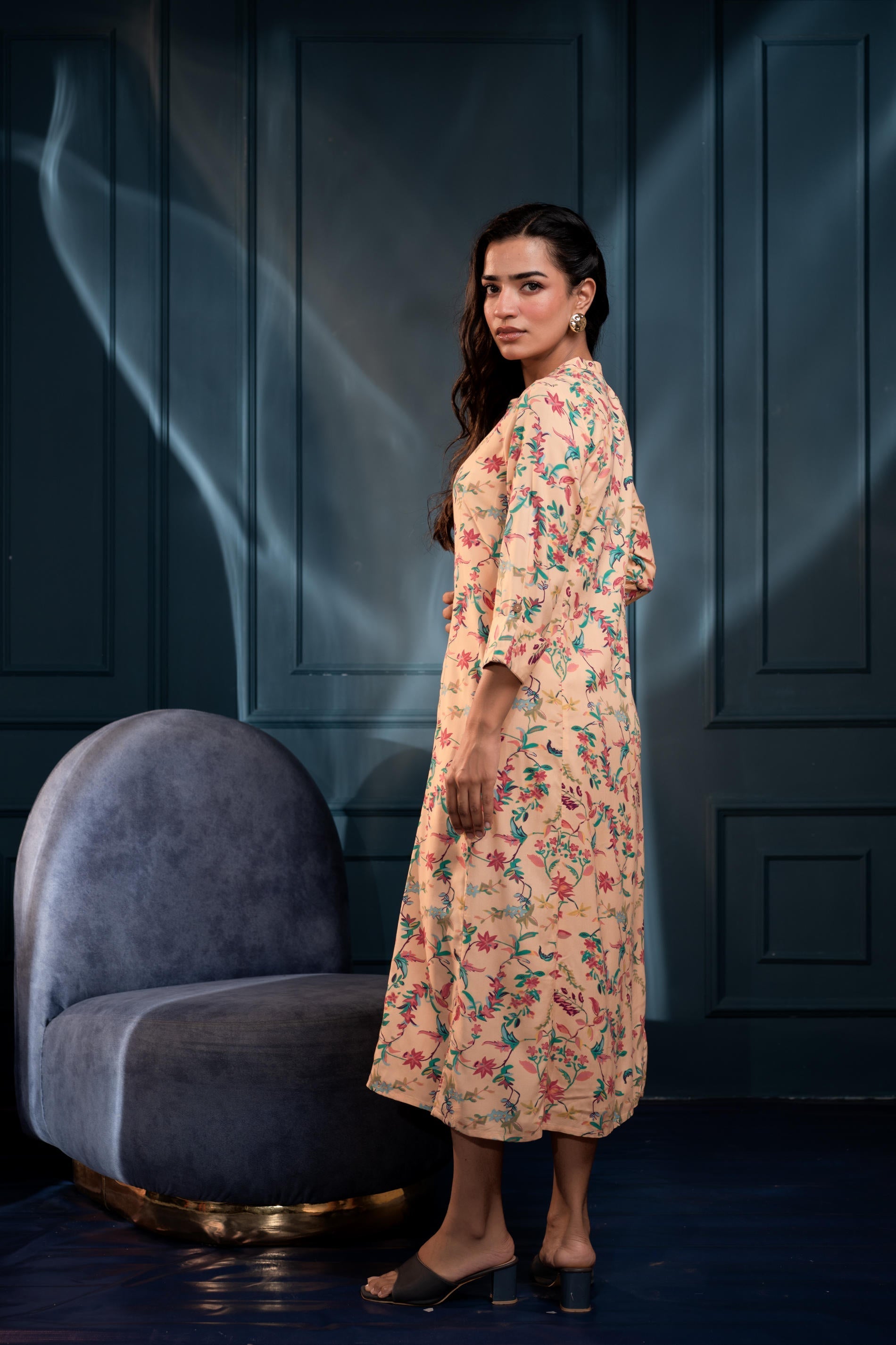 Peach Floral Printed Button-Down Viscose A-Line Kurta | DesiQlo