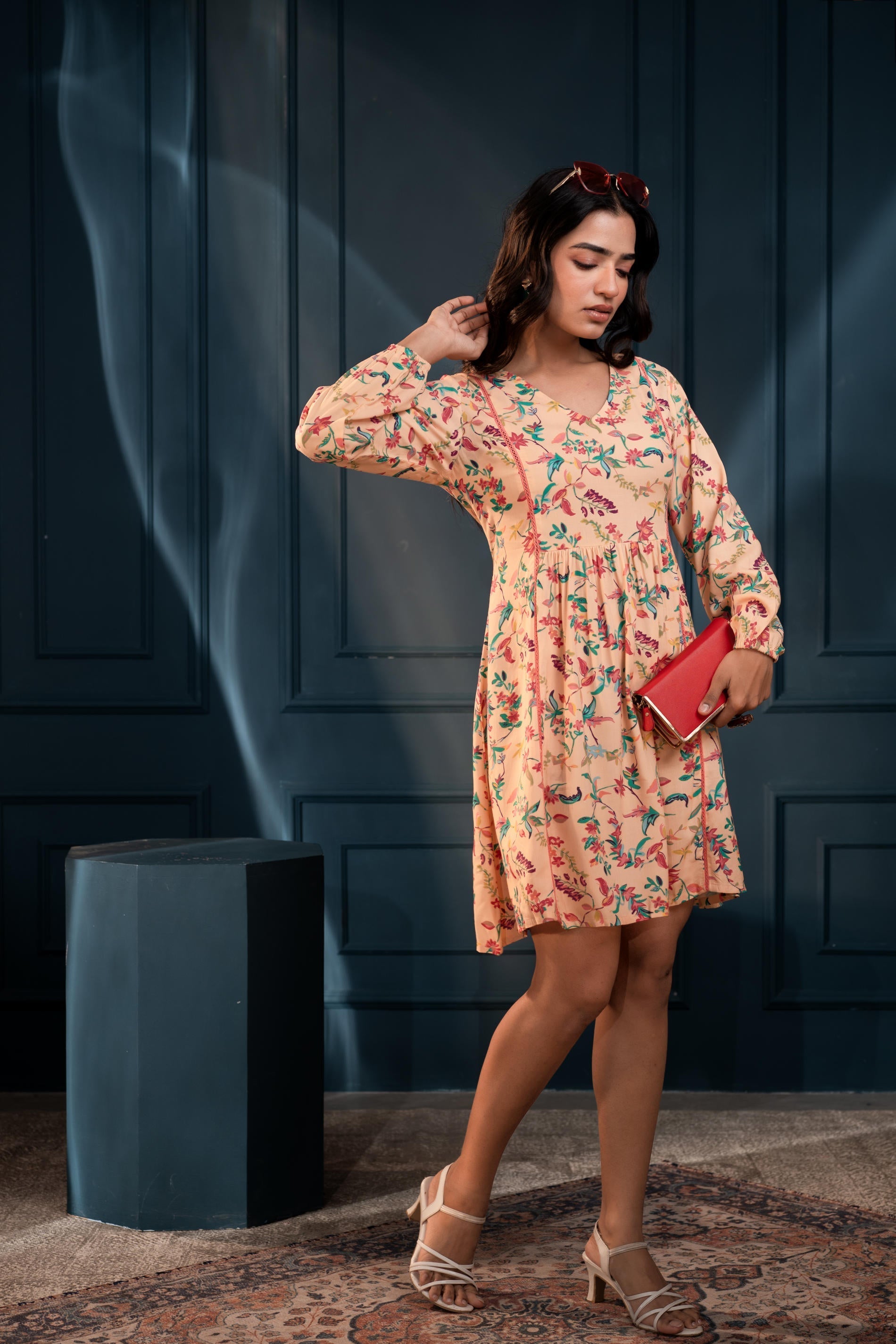 Floral Printed Fit & Flare Viscose Dress with Full Sleeves | DesiQlo