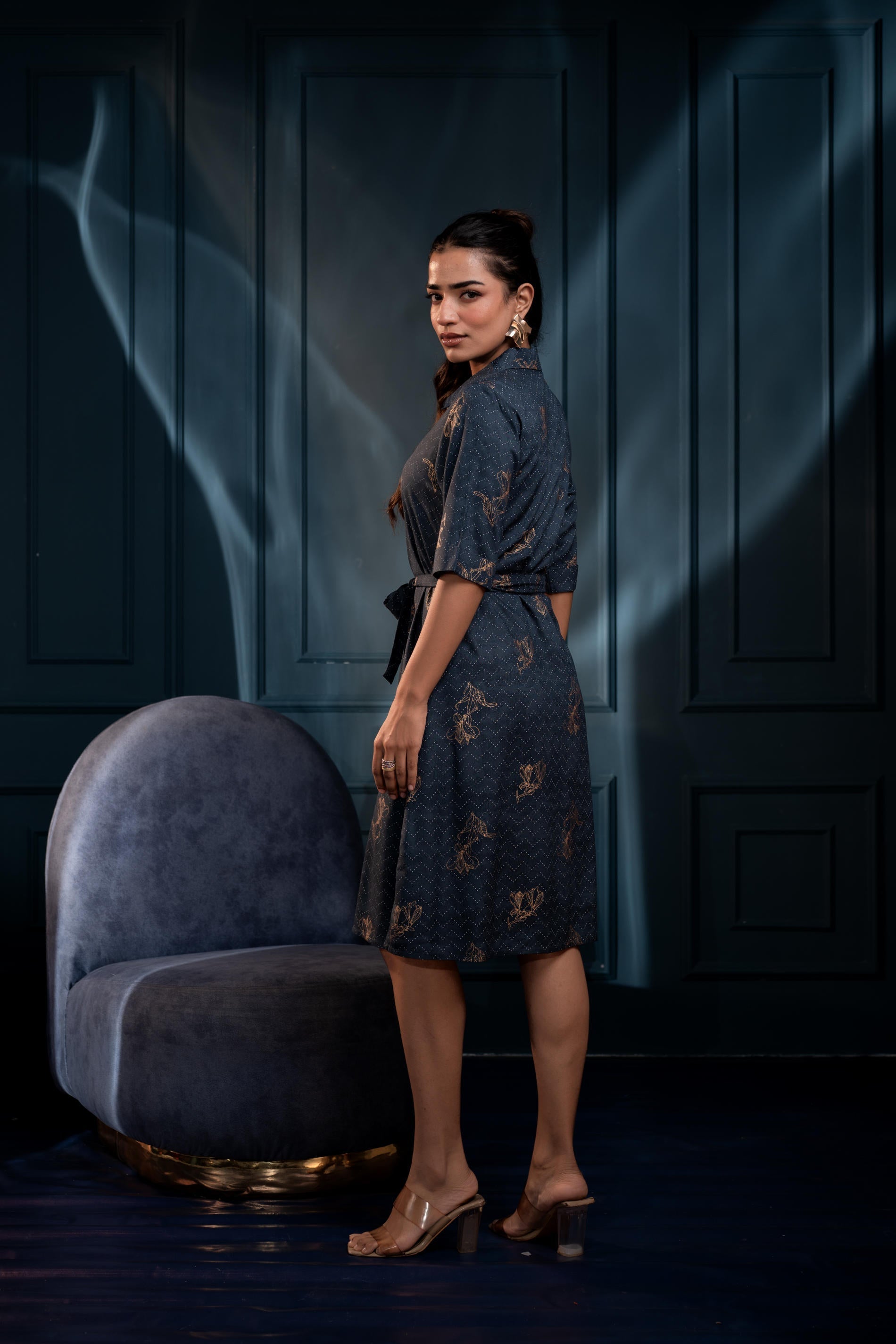 Teal Zig-Zag Print Button-Down Cotton Shirt Dress with Belt | DesiQlo