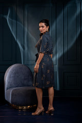 Teal Zig-Zag Print Button-Down Cotton Shirt Dress with Belt