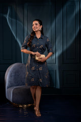 Teal Zig-Zag Print Button-Down Cotton Shirt Dress with Belt