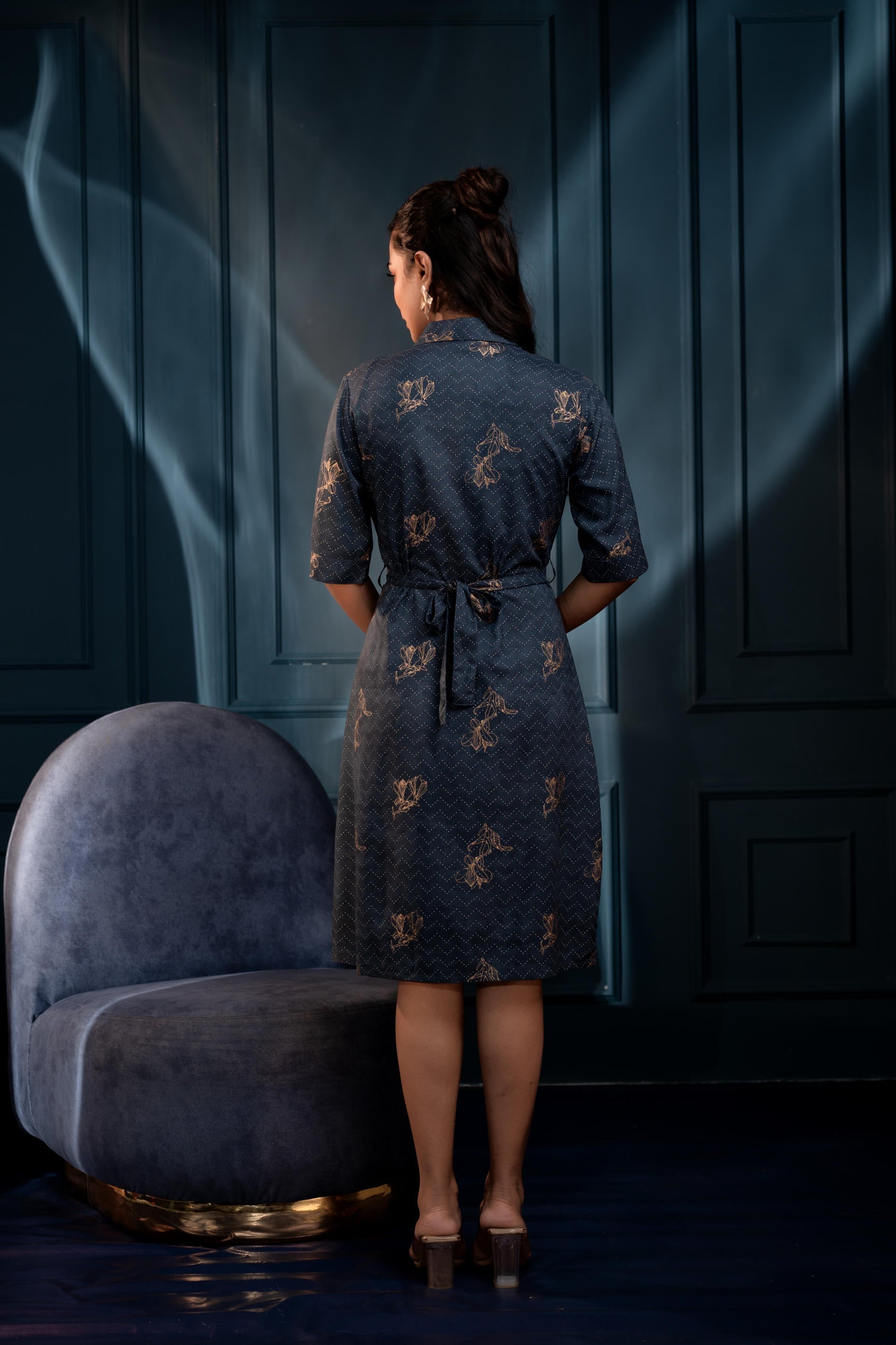 Teal Zig-Zag Print Button-Down Cotton Shirt Dress with Belt | DesiQlo