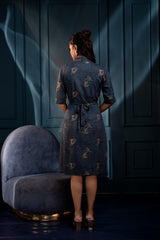 Teal Zig-Zag Print Button-Down Cotton Shirt Dress with Belt