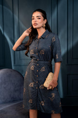 Teal Zig-Zag Print Button-Down Cotton Shirt Dress with Belt