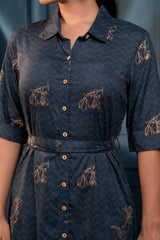 Teal Zig-Zag Print Button-Down Cotton Shirt Dress with Belt