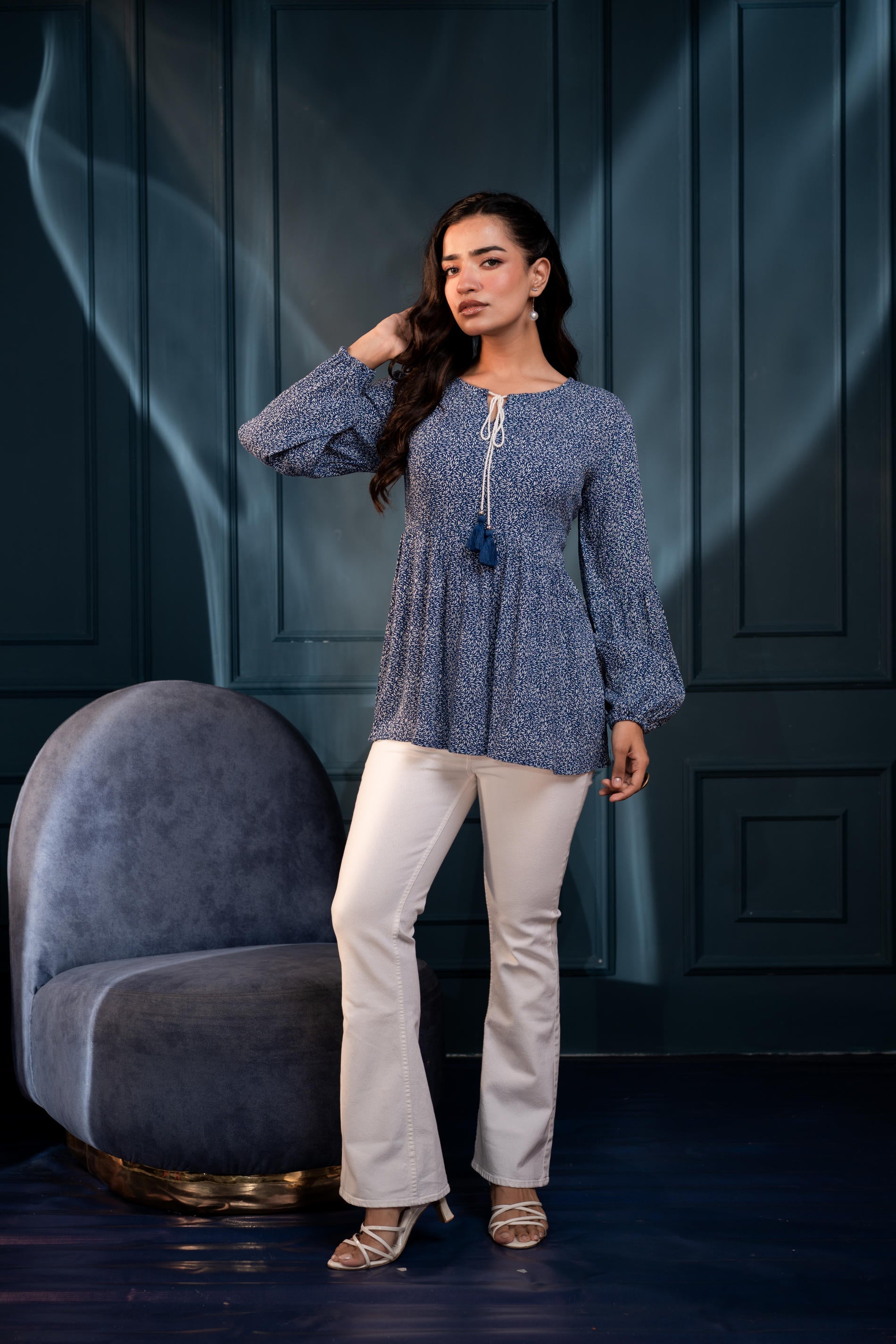 Blue Floral Printed Viscose GaThread Tunic with Dori Tie | DesiQlo