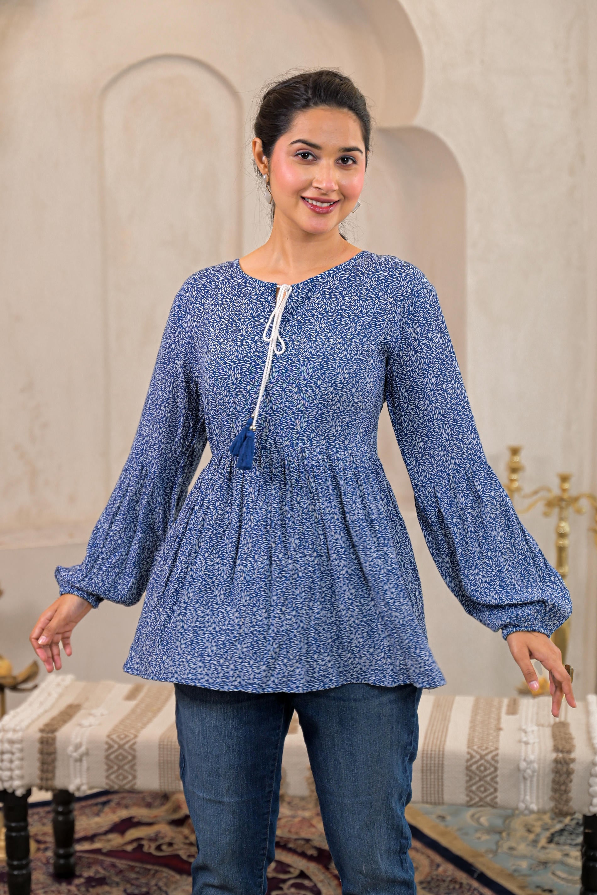 Blue Floral Printed Viscose GaThread Tunic with Dori Tie | DesiQlo