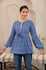 Blue Floral Printed Viscose GaThread Tunic with Dori Tie