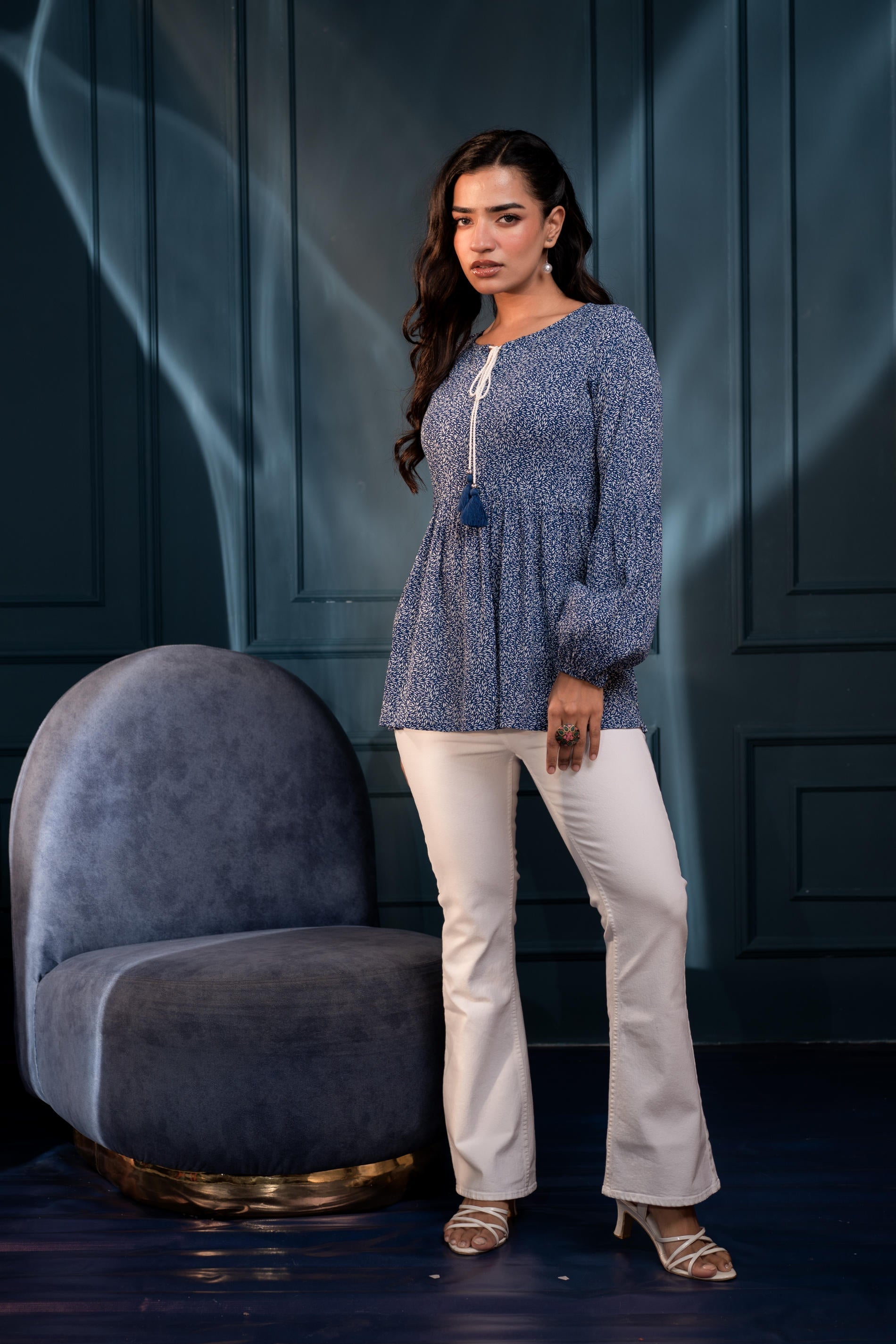 Blue Floral Printed Viscose GaThread Tunic with Dori Tie | DesiQlo