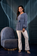 Blue Floral Printed Viscose GaThread Tunic with Dori Tie