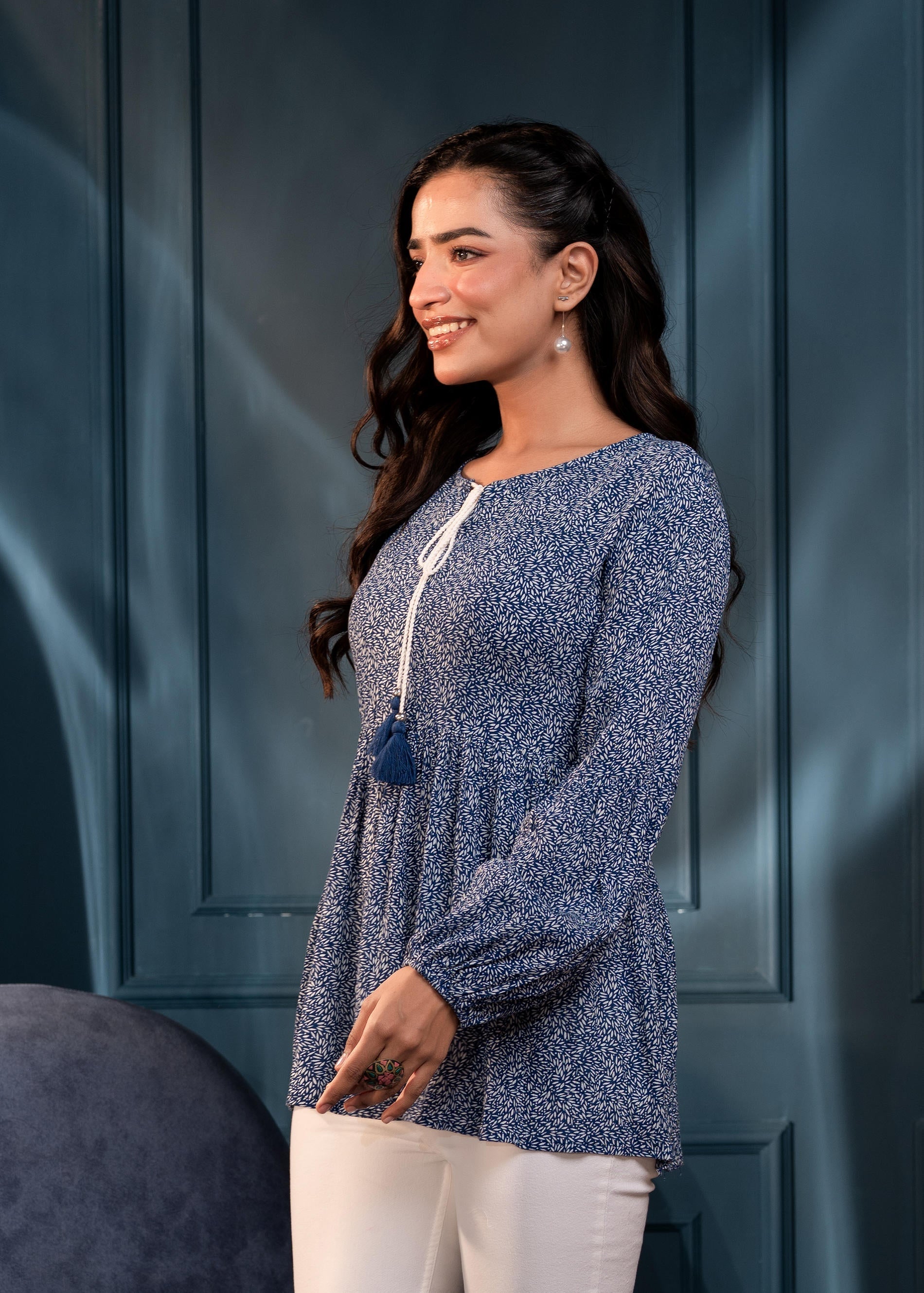 Blue Floral Printed Viscose GaThread Tunic with Dori Tie | DesiQlo