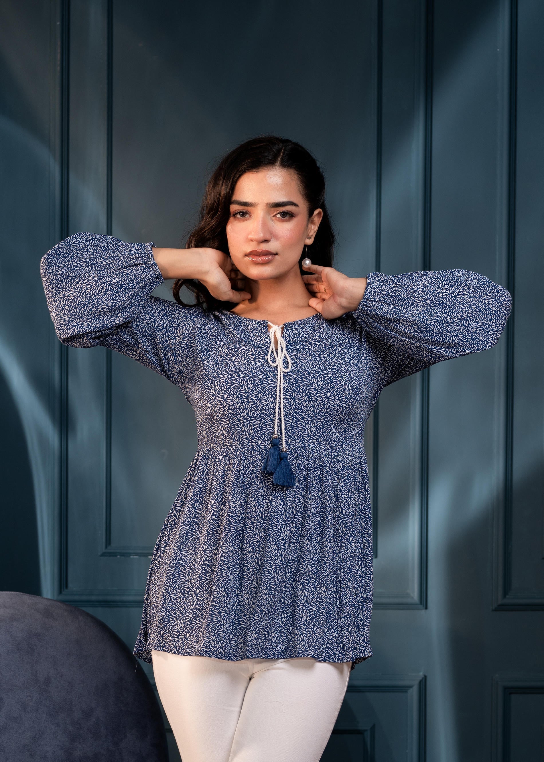 Blue Floral Printed Viscose GaThread Tunic with Dori Tie | DesiQlo